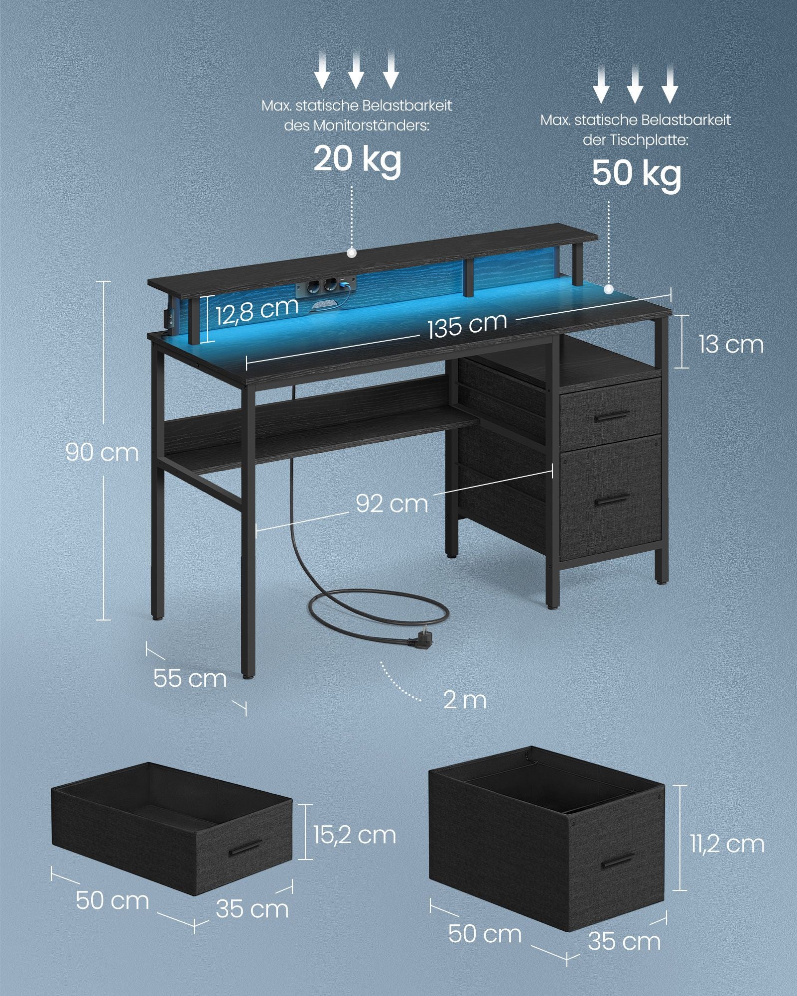 Desk with drawers and monitor stands in Ebony black