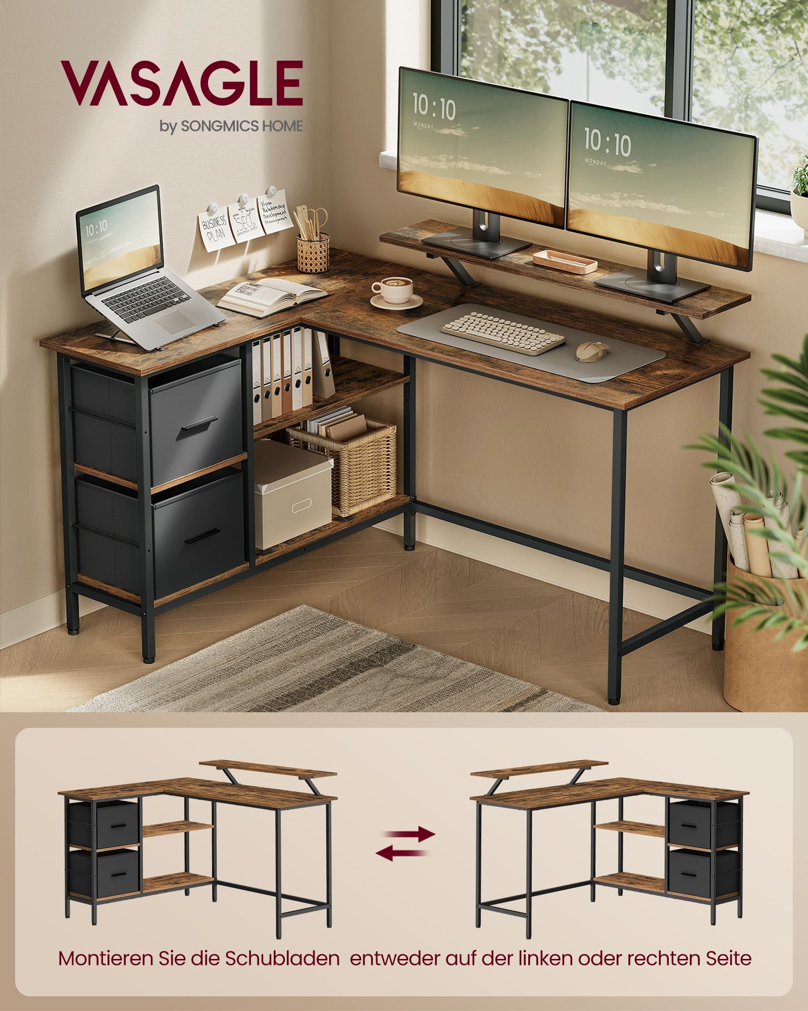 L-shaped desk-with 2 drawers-135 × 105 cm