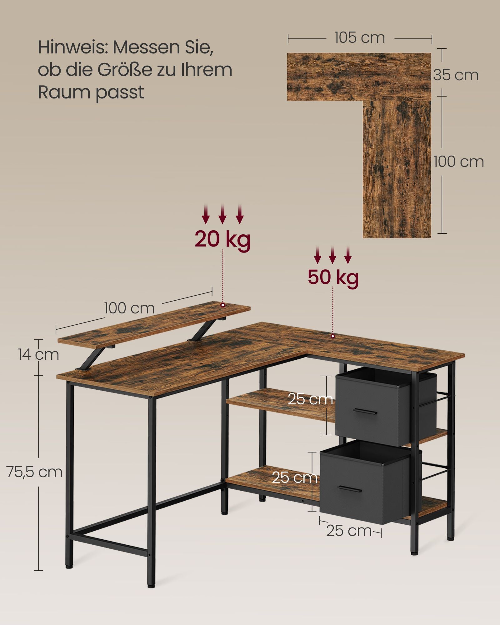 L-shaped desk-with 2 drawers-135 × 105 cm