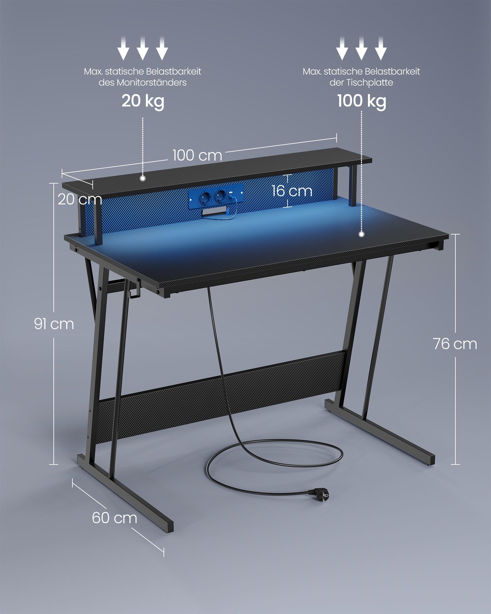 Desk with socket 60 x 120 x 76 cm soot black