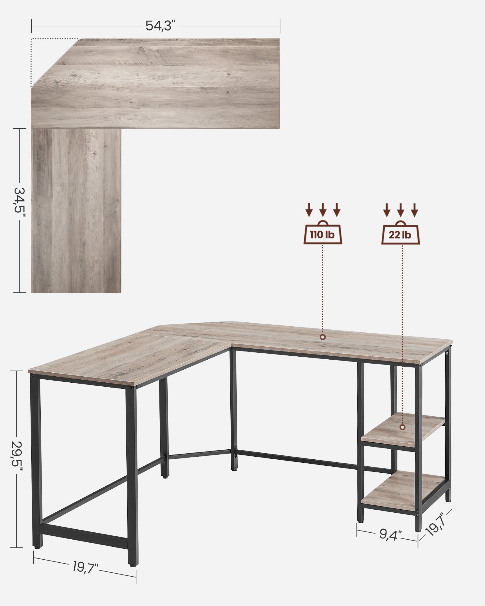 Bureau - L -Hoekbureau with 2 shelves - Space -saving - Industrial design