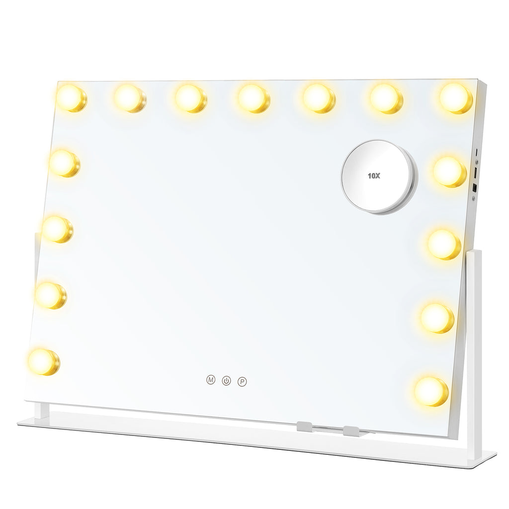 Make-up mirror with LED lighting, touch control, 15 LED lamps, with charging ports, 10x magnifying mirror, 3 light colors, dimmable, mobile phone holder, matt white LWM001W02