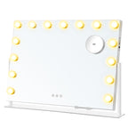 Make-up mirror with LED lighting, touch control, 15 LED lamps, with charging ports, 10x magnifying mirror, 3 light colors, dimmable, mobile phone holder, matt white LWM001W02