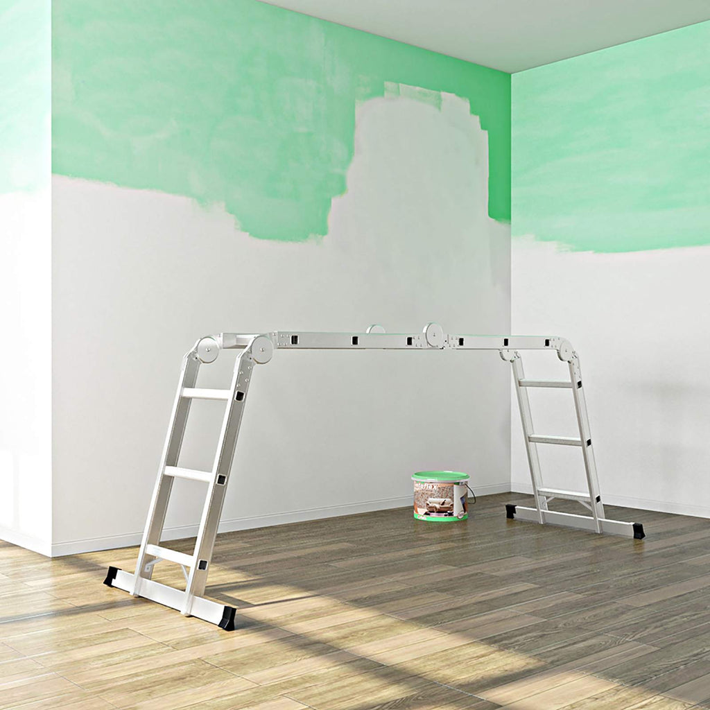 Multifunctional ladder - Aluminum - With 2 metal plates - foldable - 150 kg - silver