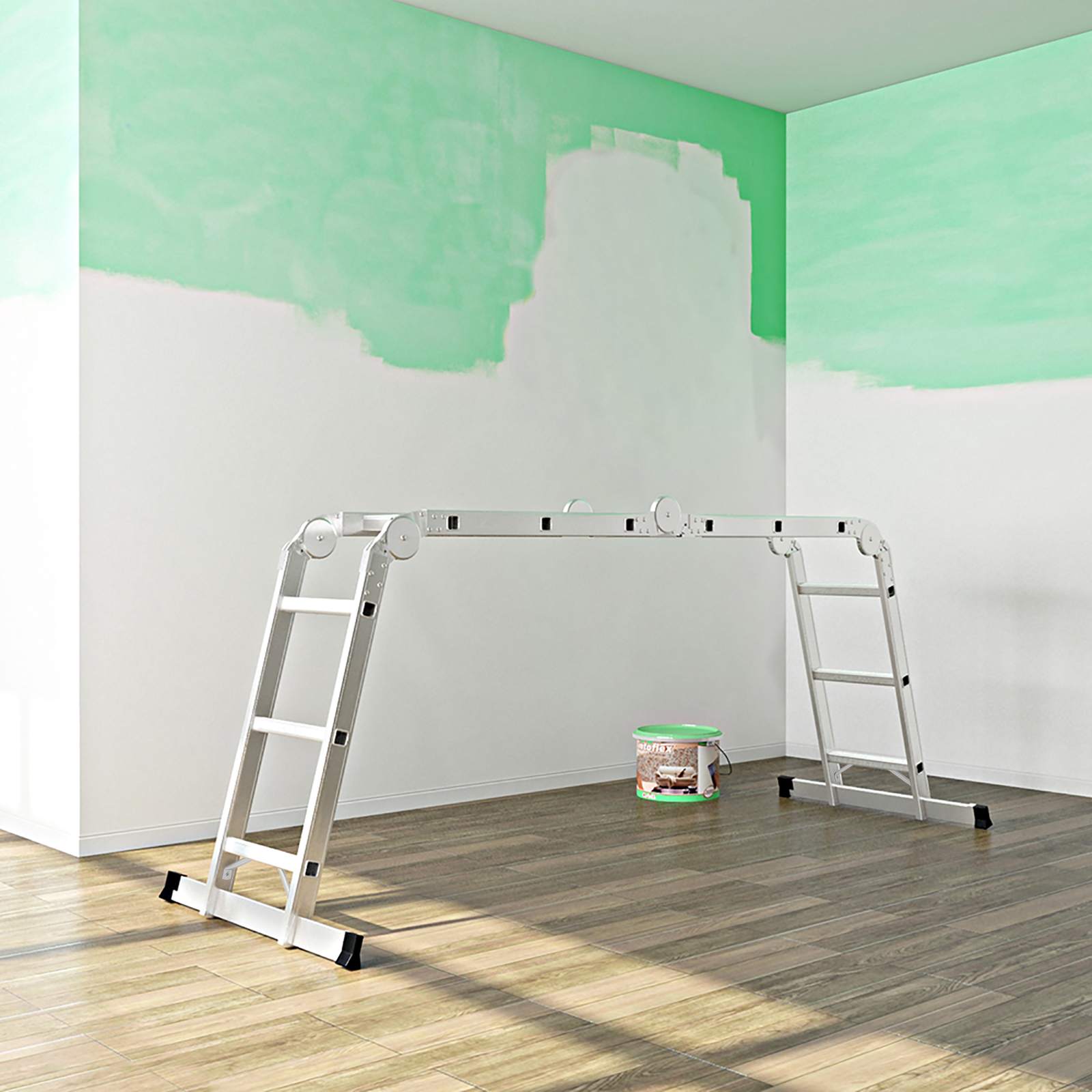 Multifunctional ladder - Aluminum - With 2 metal plates - foldable - 150 kg - silver