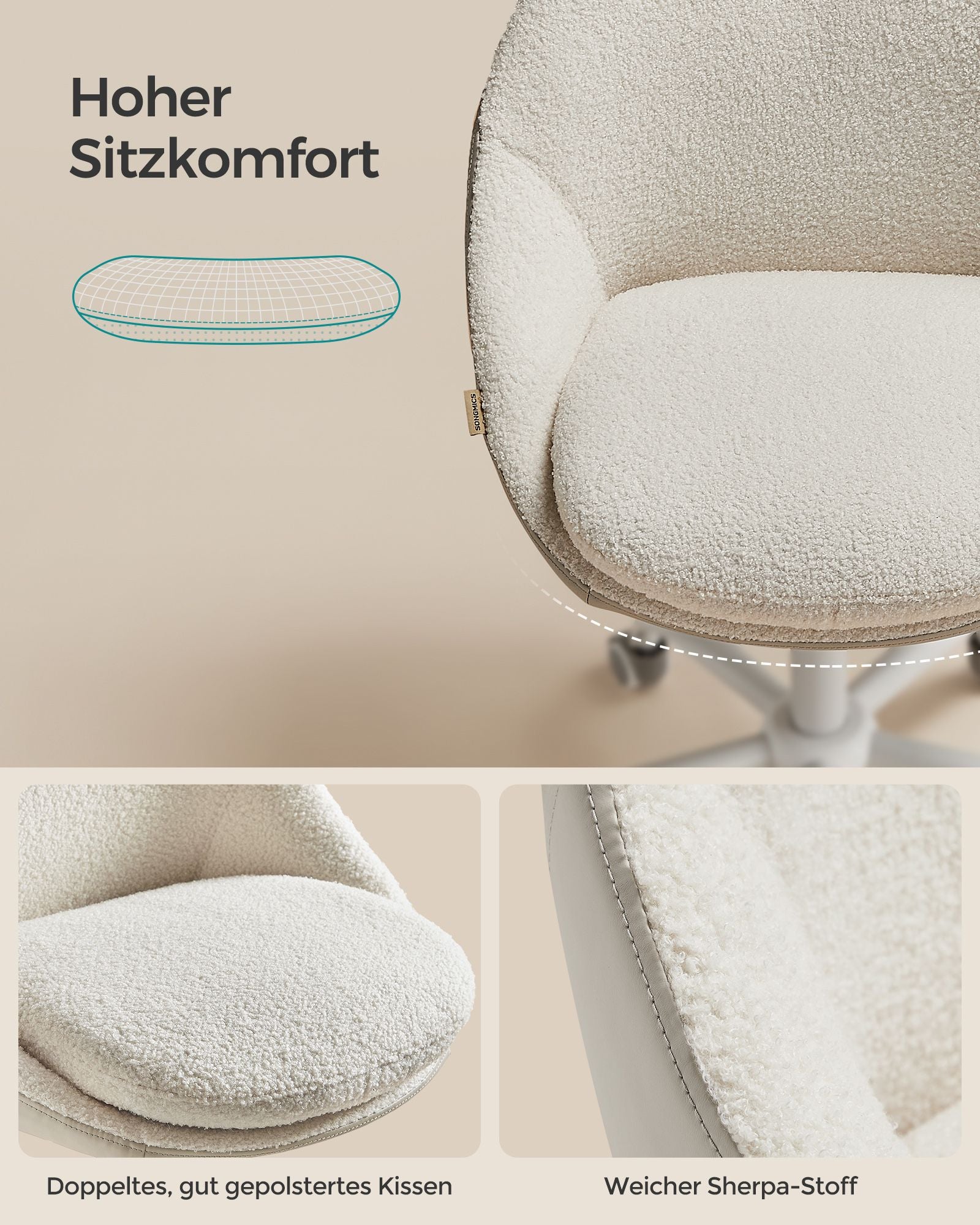 Velvet office chair, height-adjustable cappuccino beige cloud white