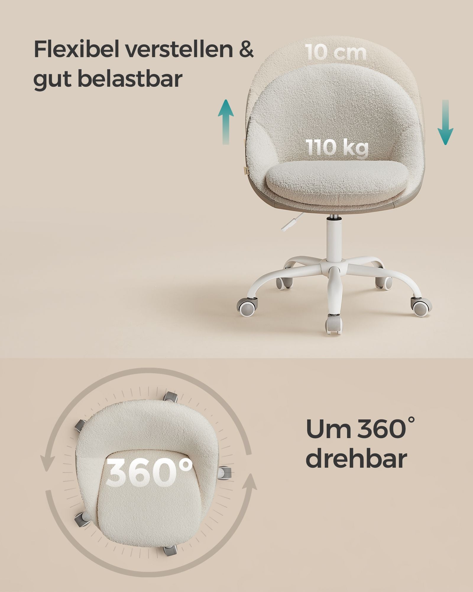 Velvet office chair, height-adjustable cappuccino beige cloud white