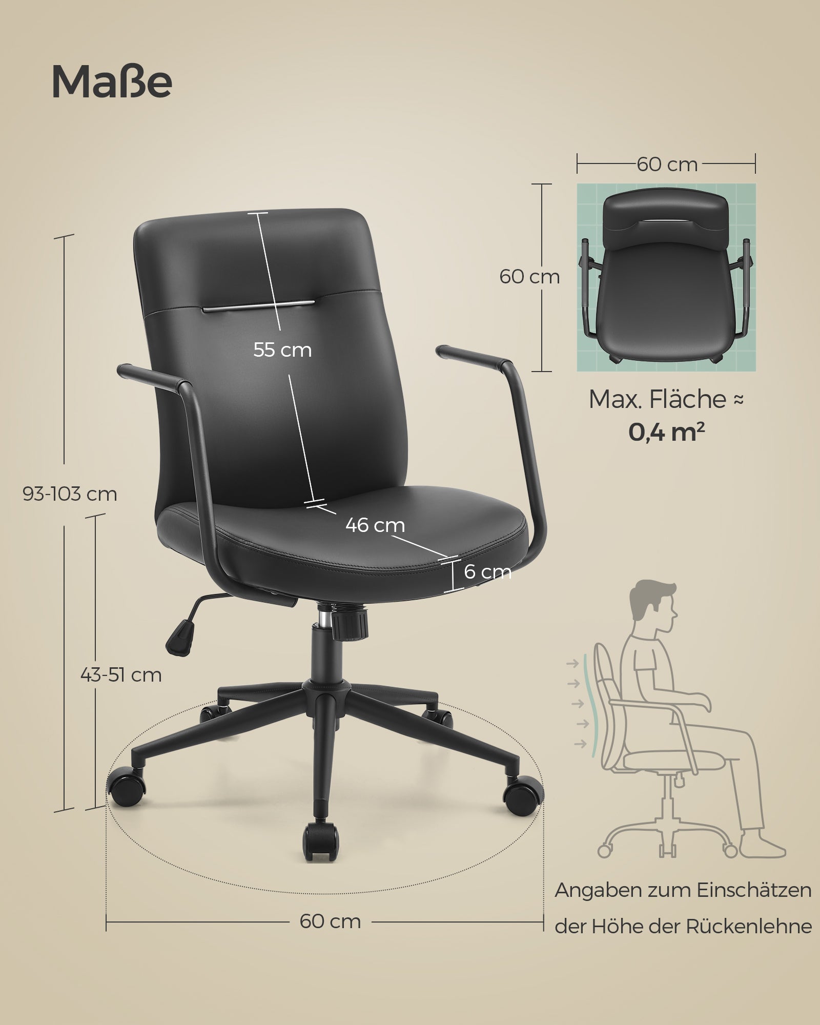 Office chair - with backrest & curved seat - ink -black
