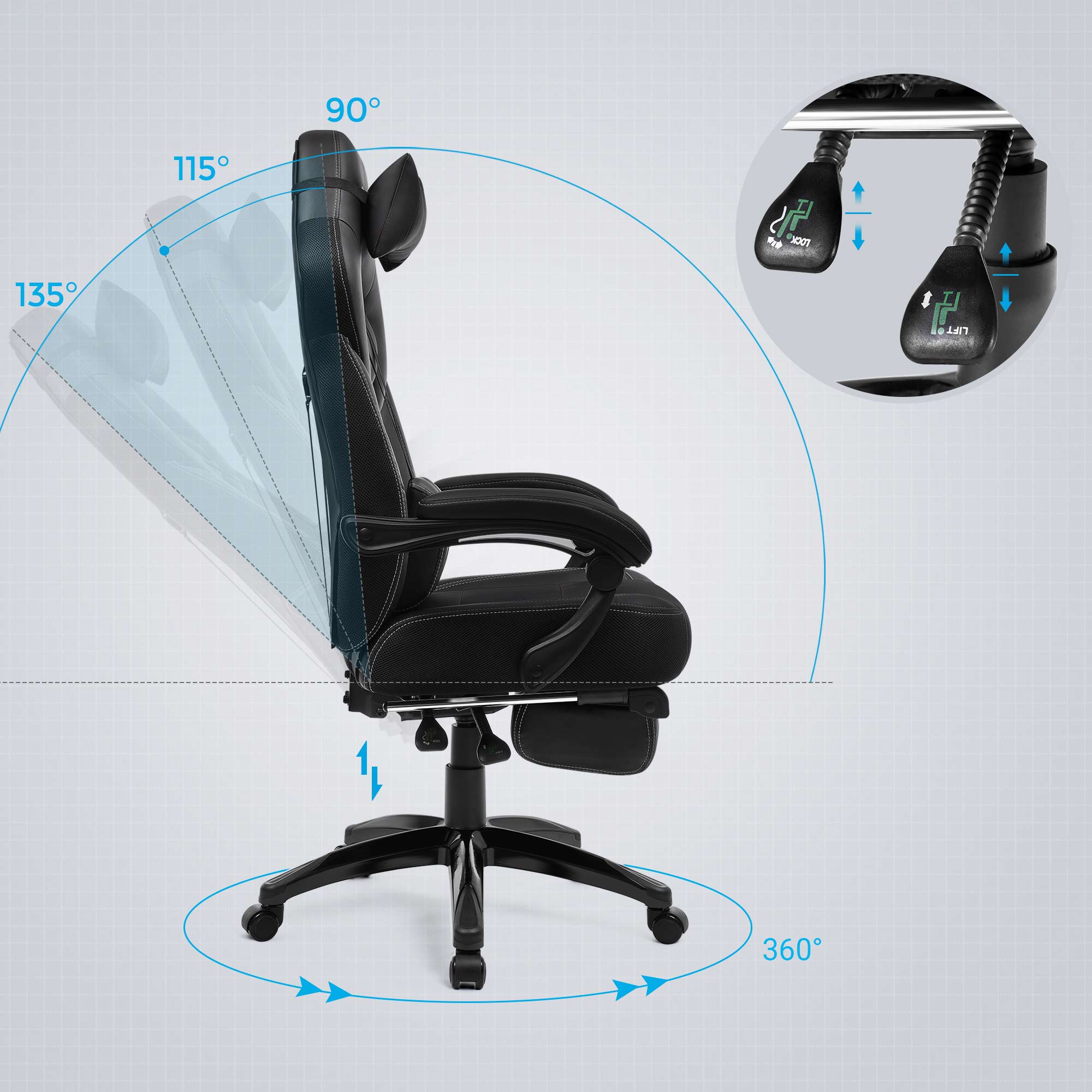 Gaming chair - Game chair - Office chair - With footrest and headrest - Black