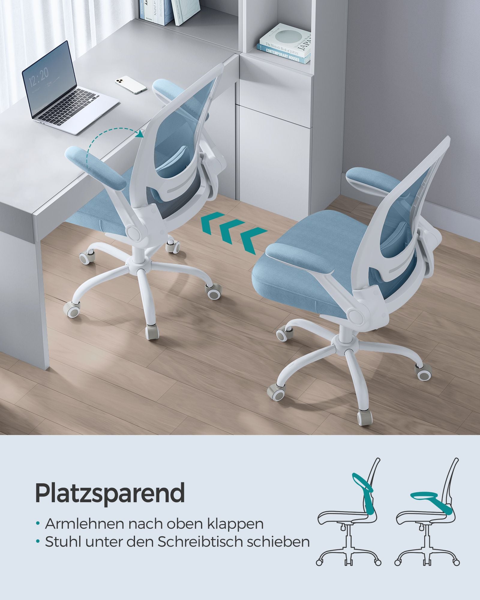 Office chair - ergonomic - with folding armrests - fog blue