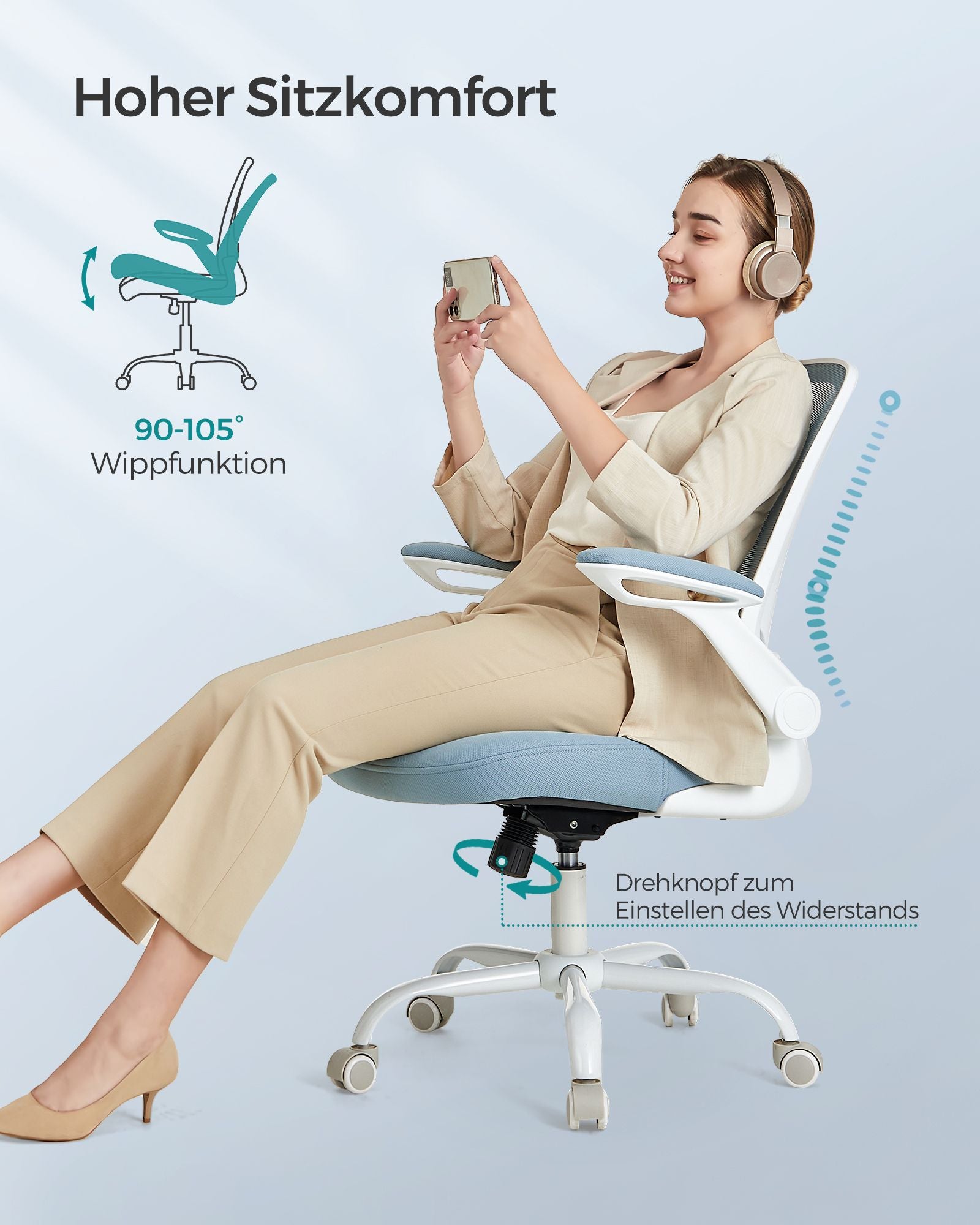 Office chair - ergonomic - with folding armrests - fog blue