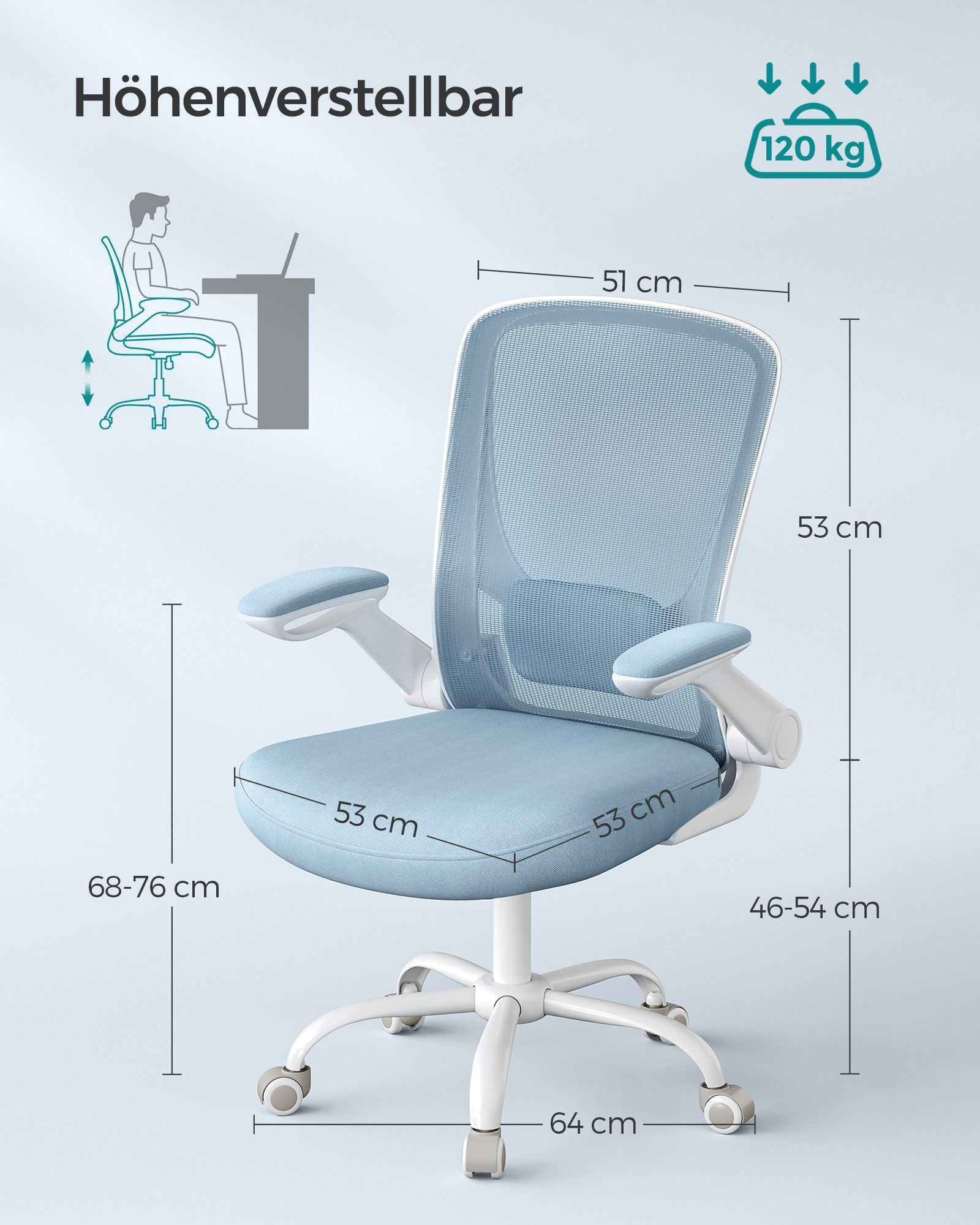 Office chair - ergonomic - with folding armrests - fog blue