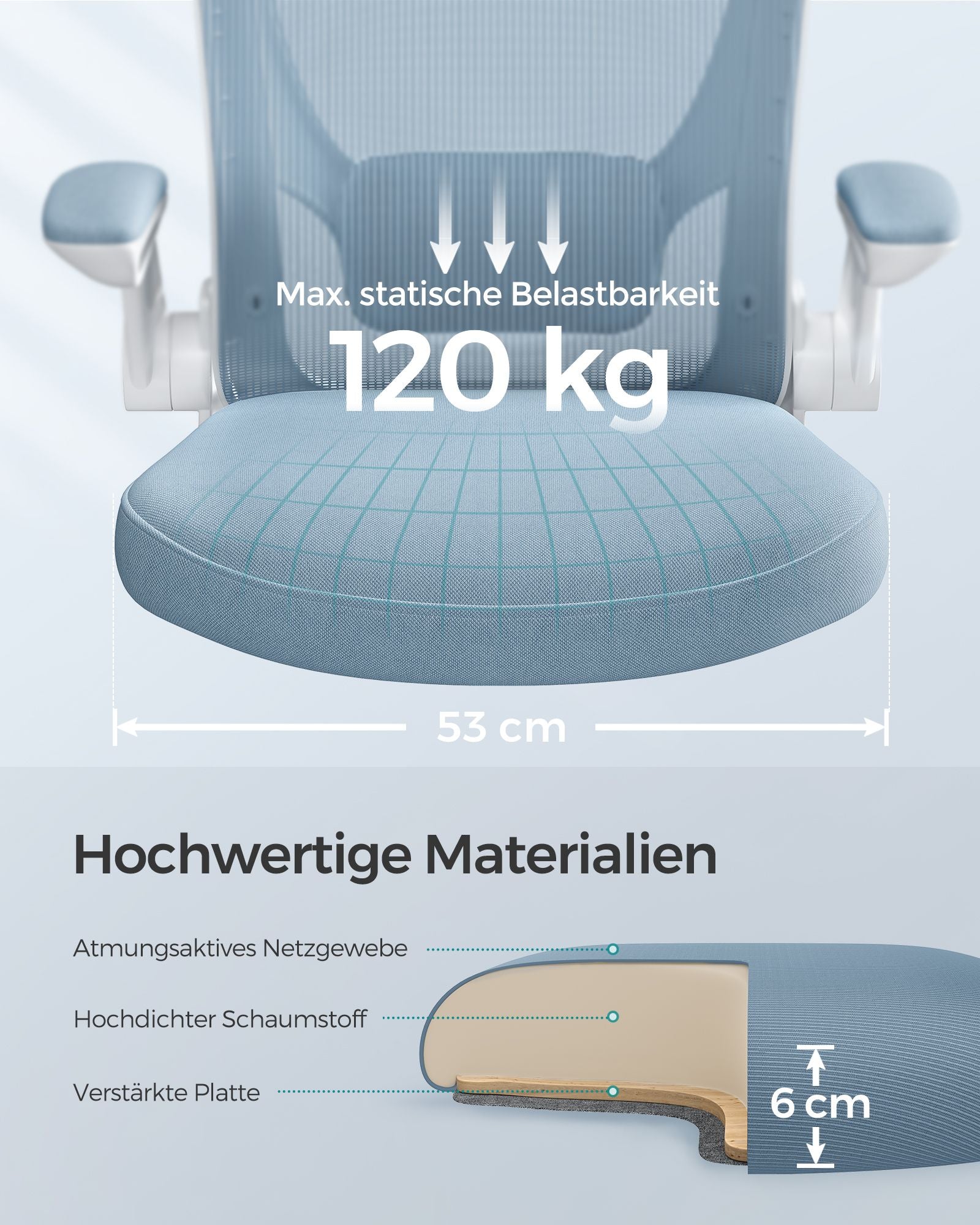 Office chair - ergonomic - with folding armrests - fog blue