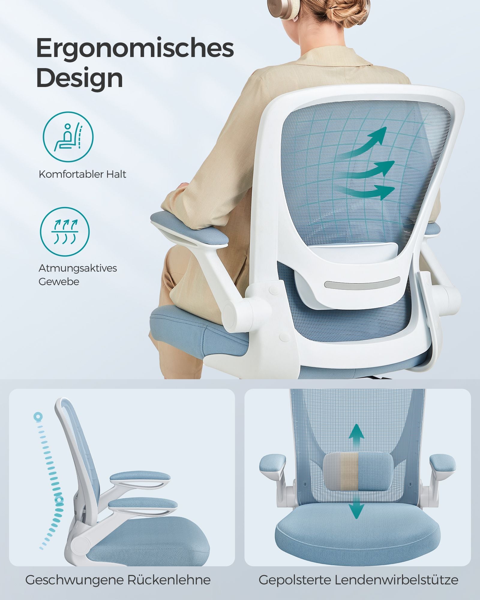Office chair - ergonomic - with folding armrests - fog blue