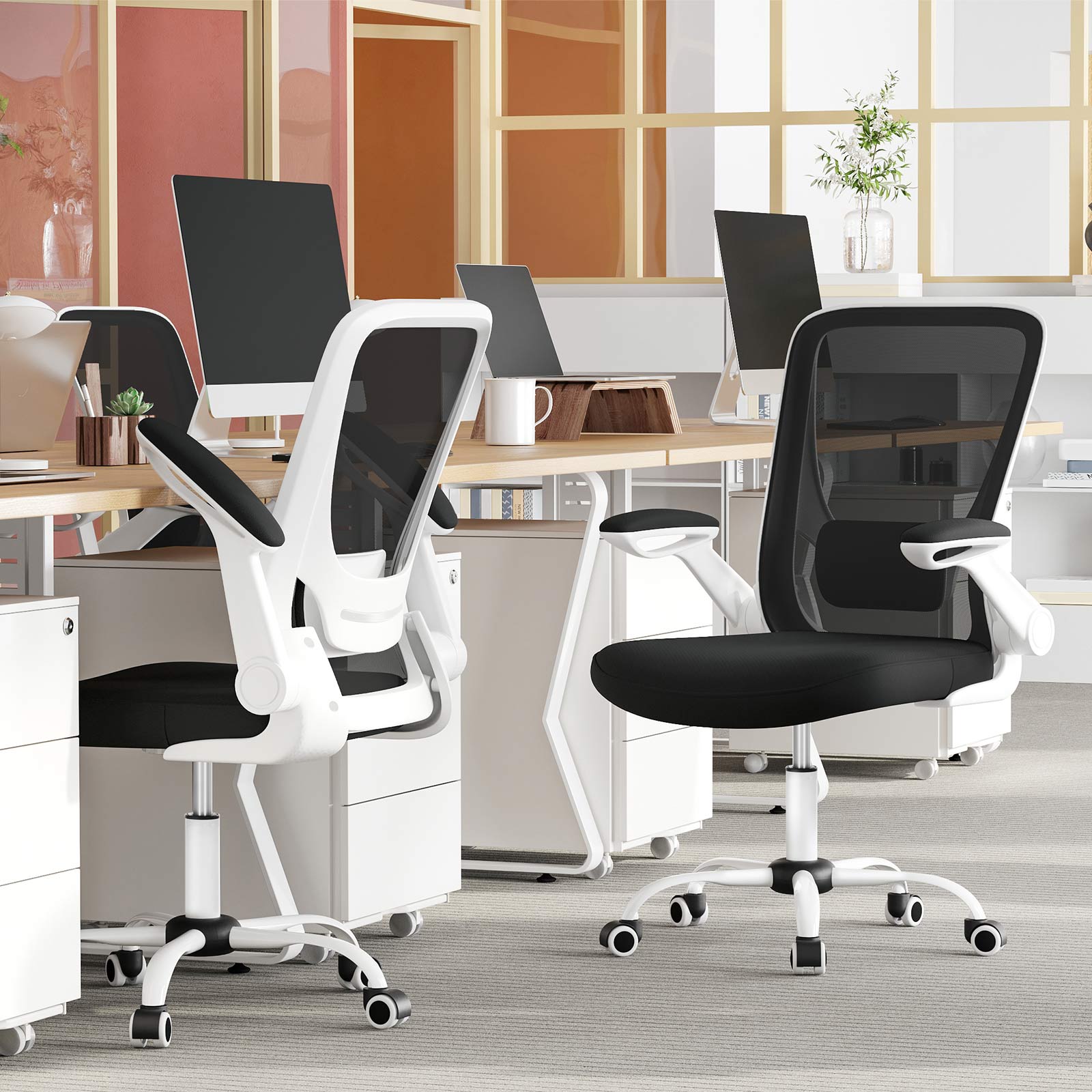 Office chair - Computer chair - With folding armrests - adjustable backrest - Black White