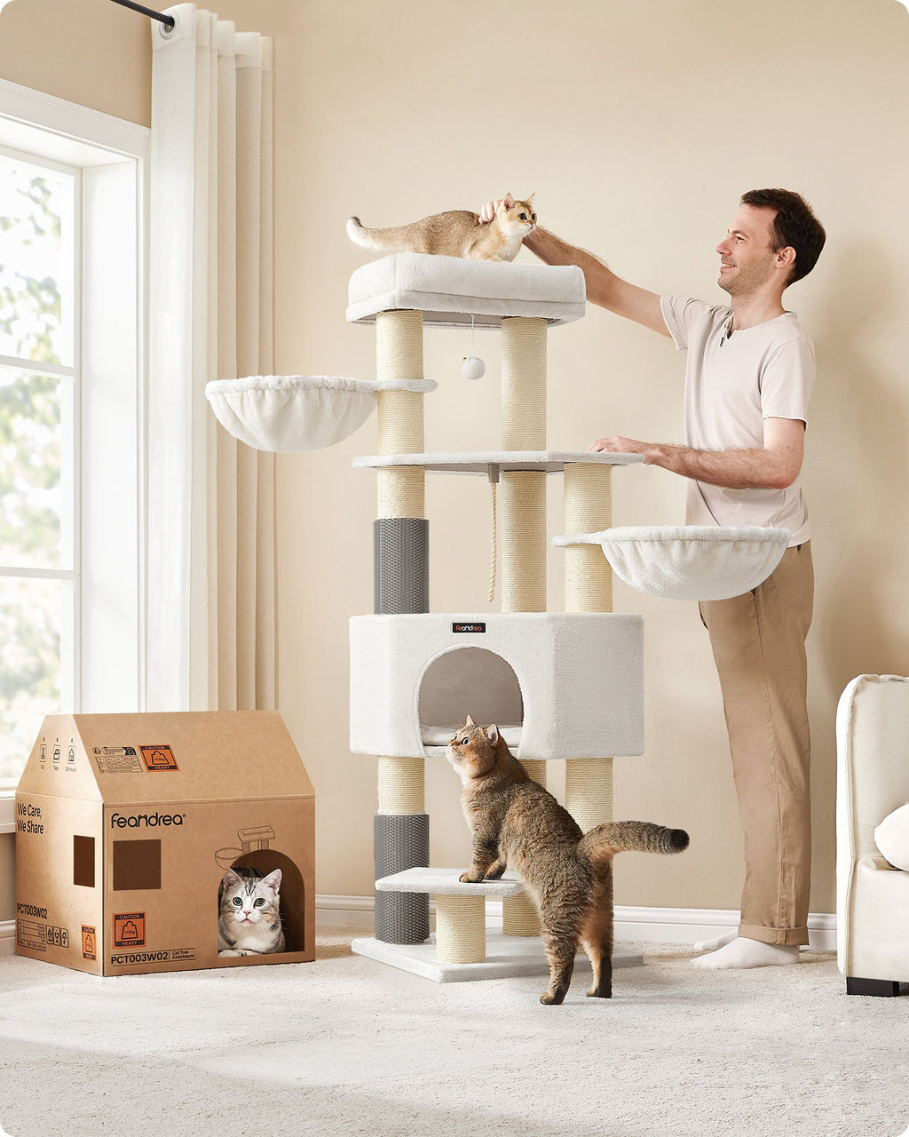 Scratching post with plateaus 50 x 50 x 160 cm crème white beige