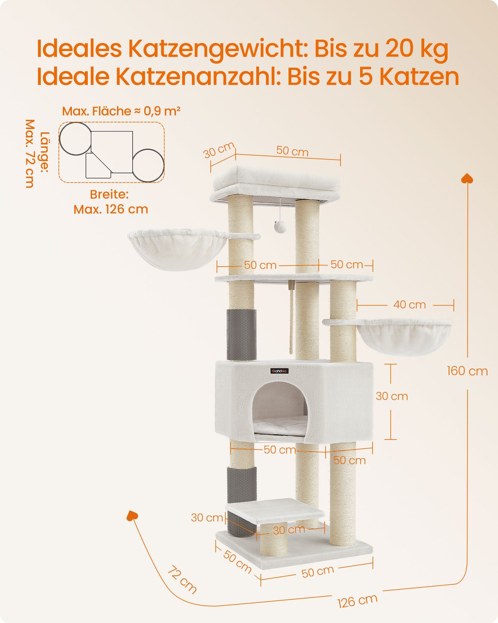 Scratching post with plateaus 50 x 50 x 160 cm crème white beige