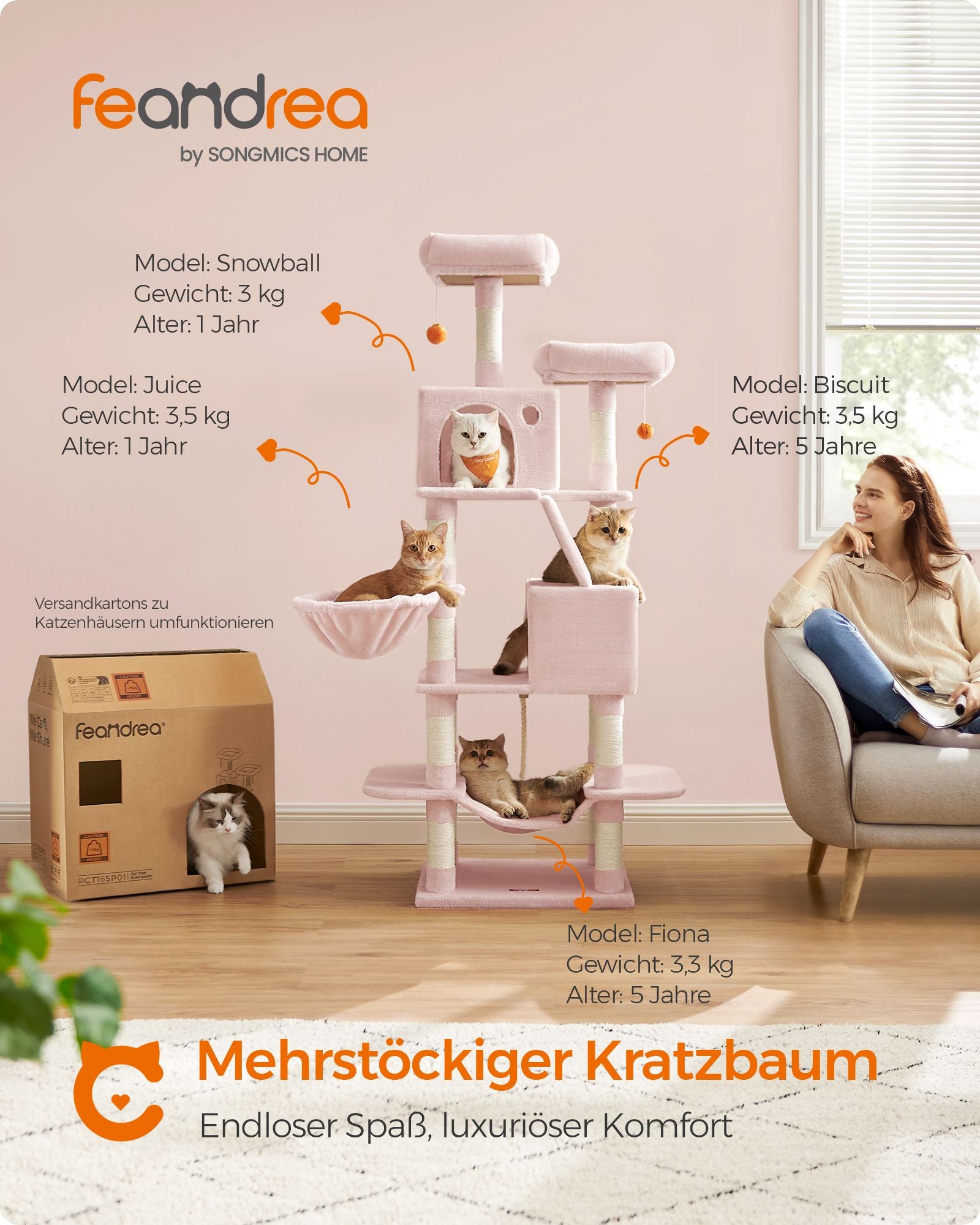 Large scratching post - with 13 scratching posts - Multiple levels - Pastel pink