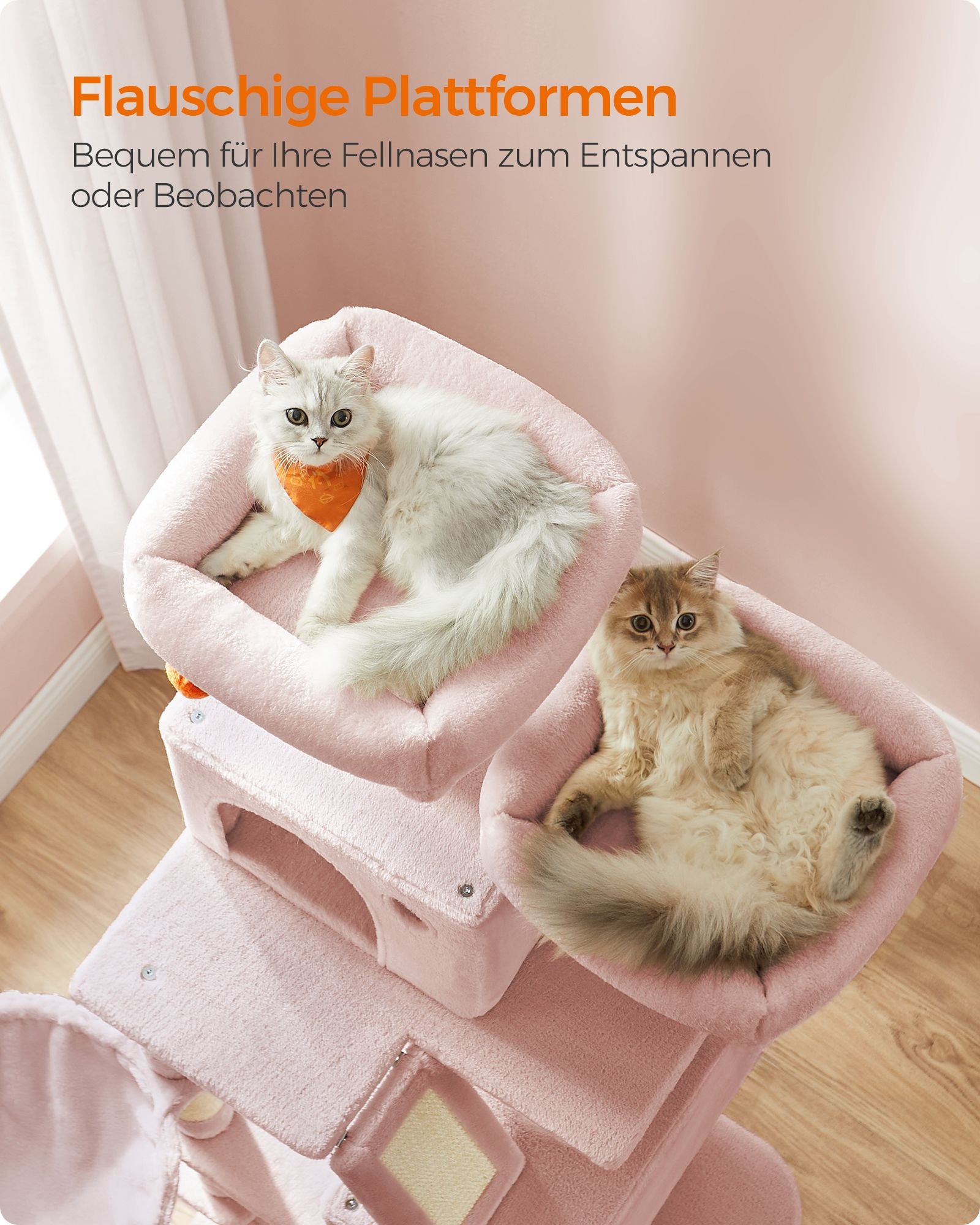 Large scratching post - with 13 scratching posts - Multiple levels - Pastel pink