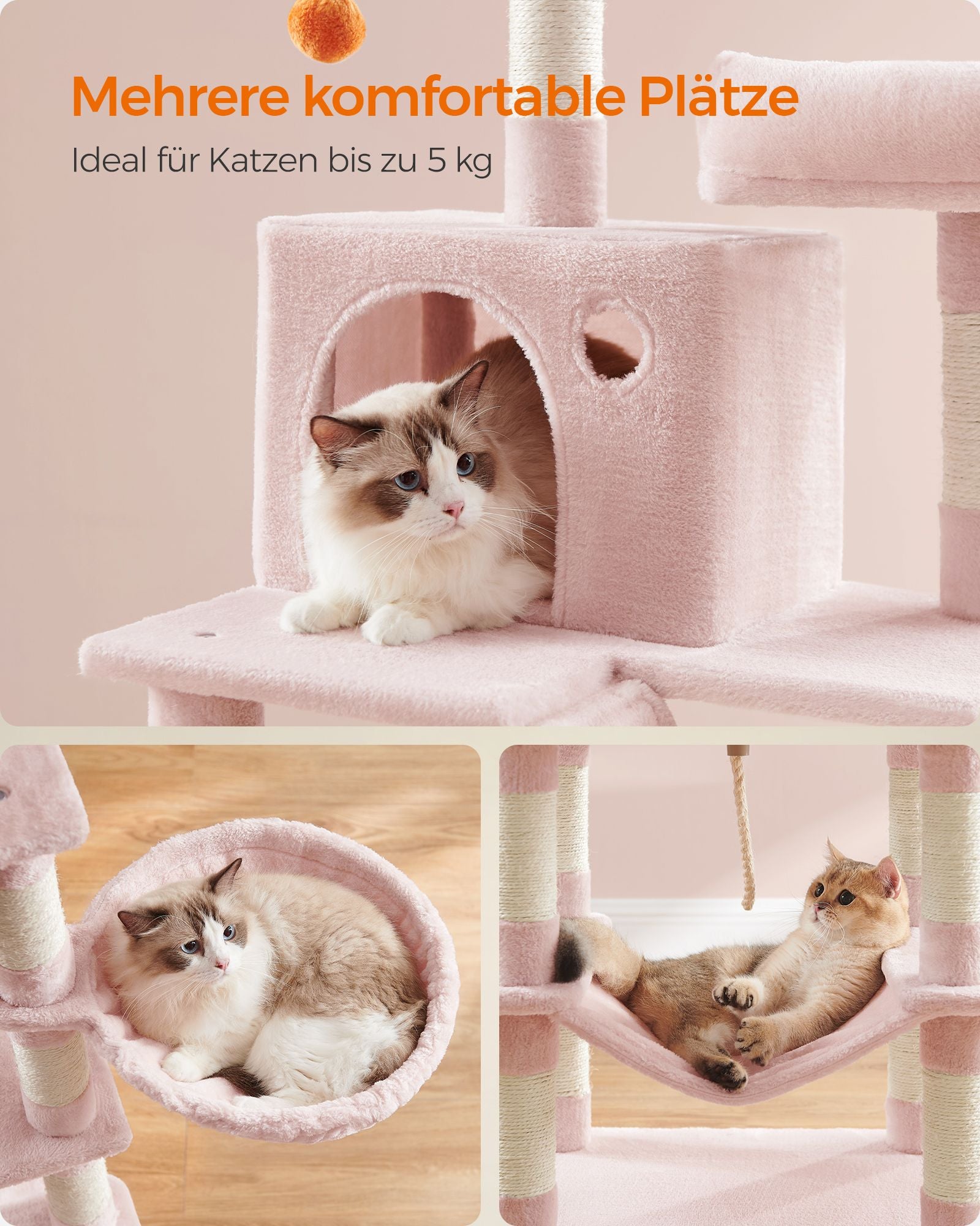 Large scratching post - with 13 scratching posts - Multiple levels - Pastel pink