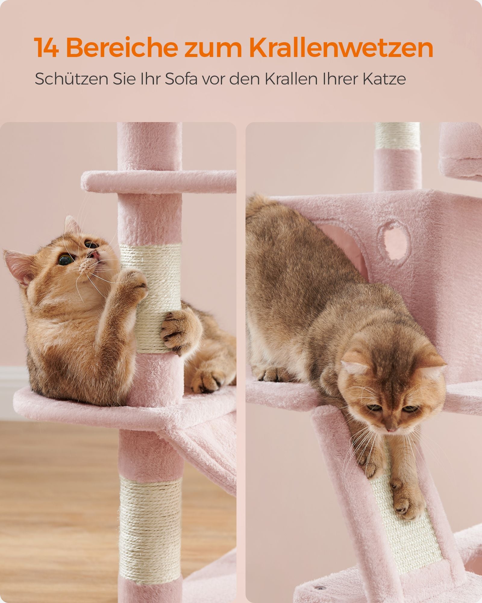 Large scratching post - with 13 scratching posts - Multiple levels - Pastel pink