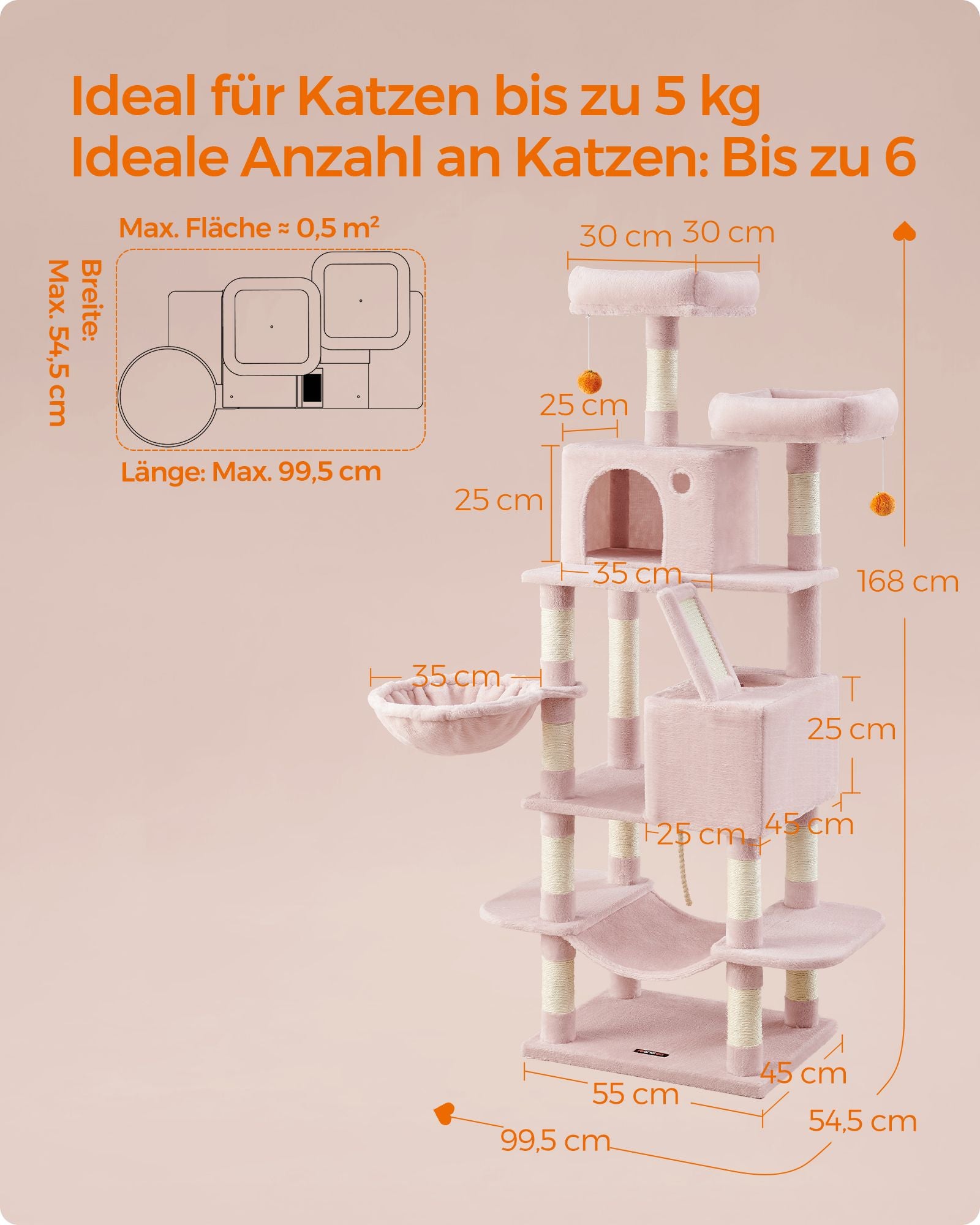 Large scratching post - with 13 scratching posts - Multiple levels - Pastel pink