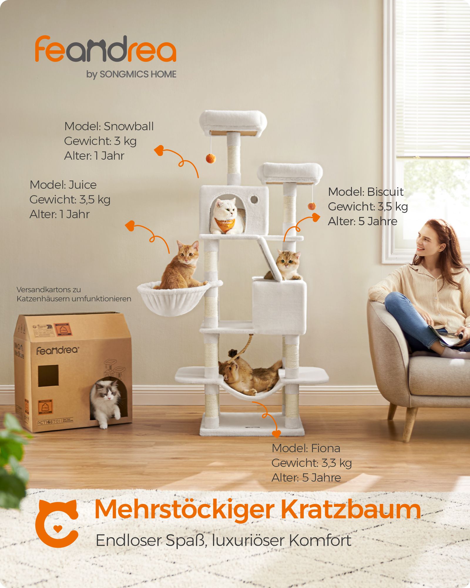Large scratching post - with 13 scratching posts - Multiple levels - Crèmwit