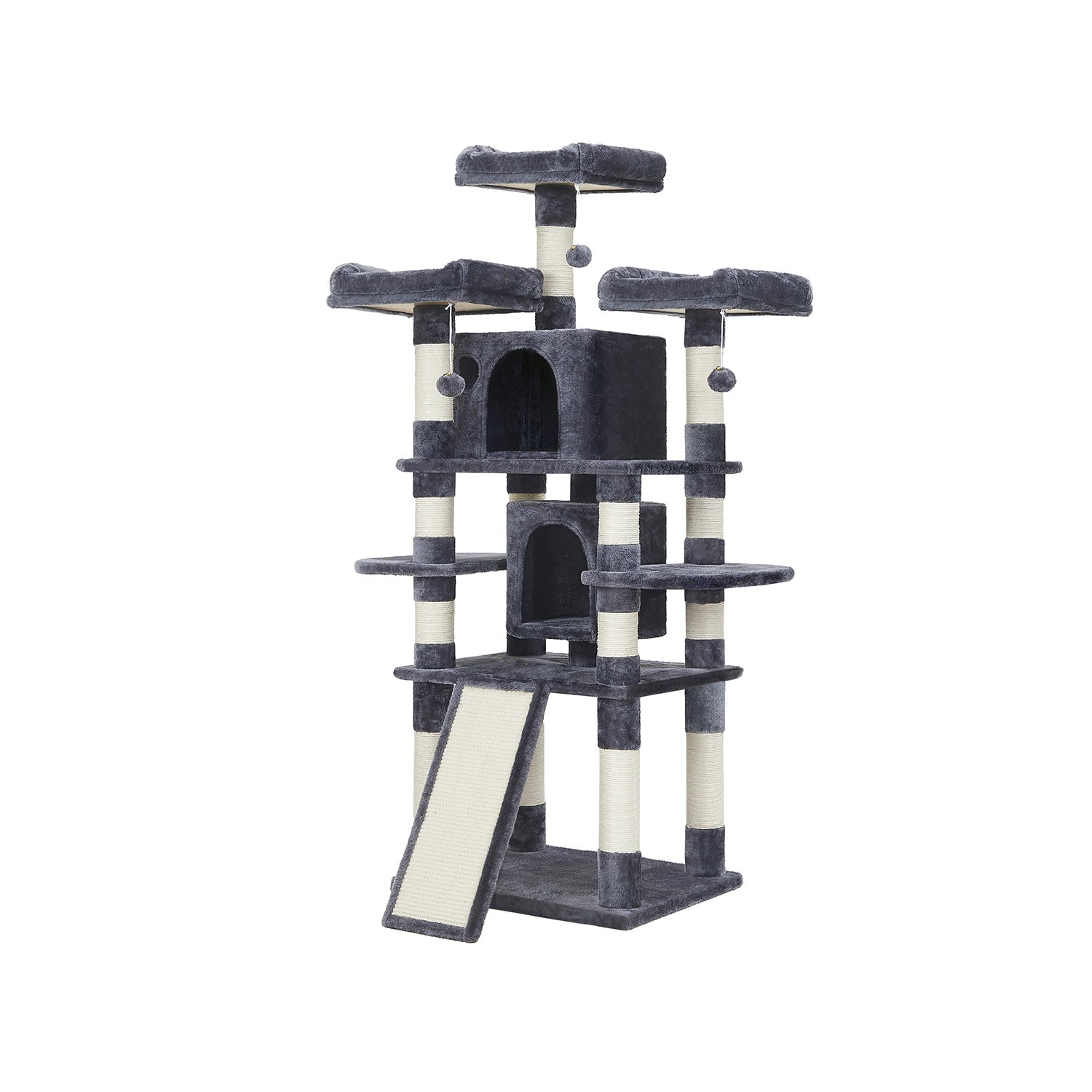 Scratching post XXL - 3 platforms and 2 caves - 172 cm - flue gray