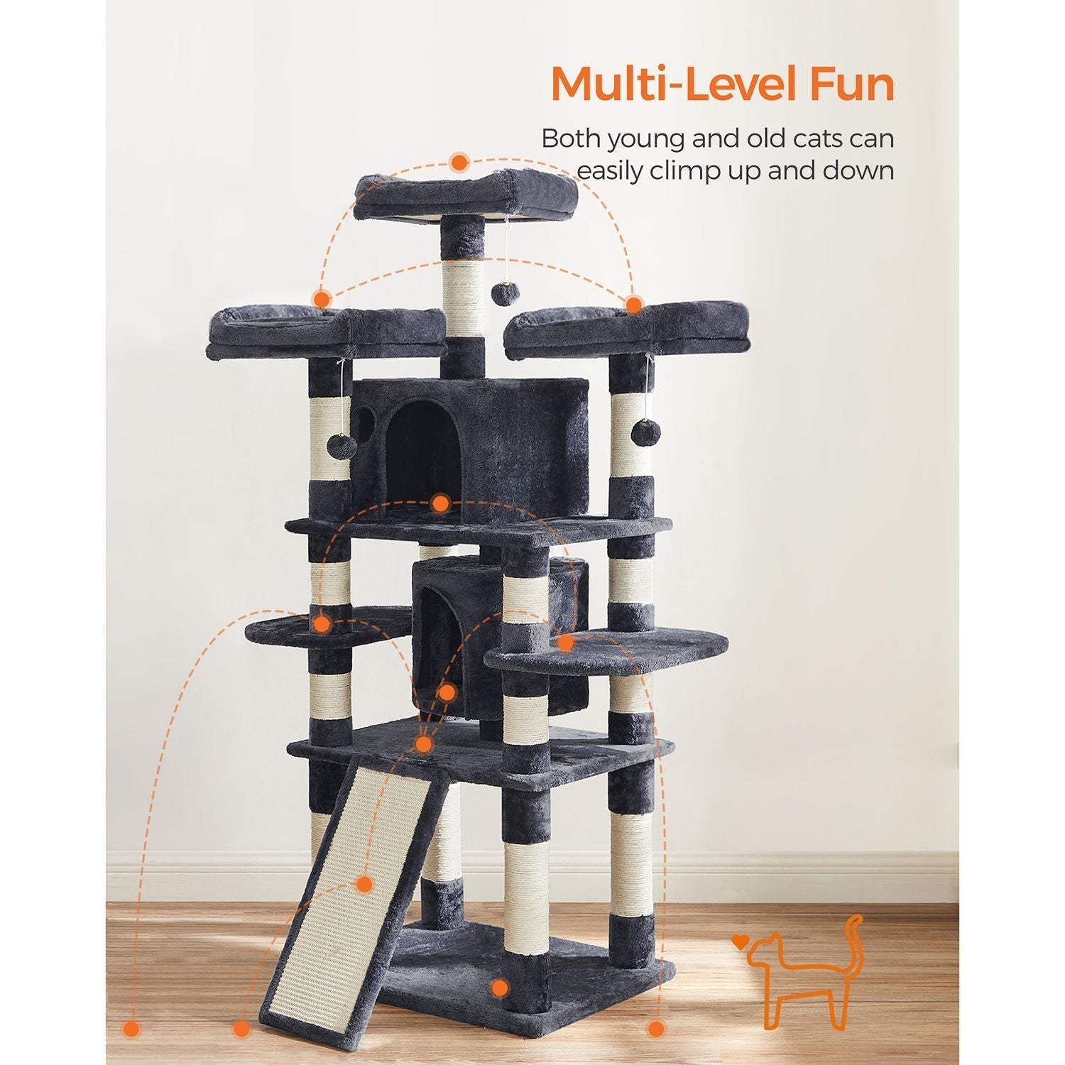Scratching post XXL - 3 platforms and 2 caves - 172 cm - flue gray