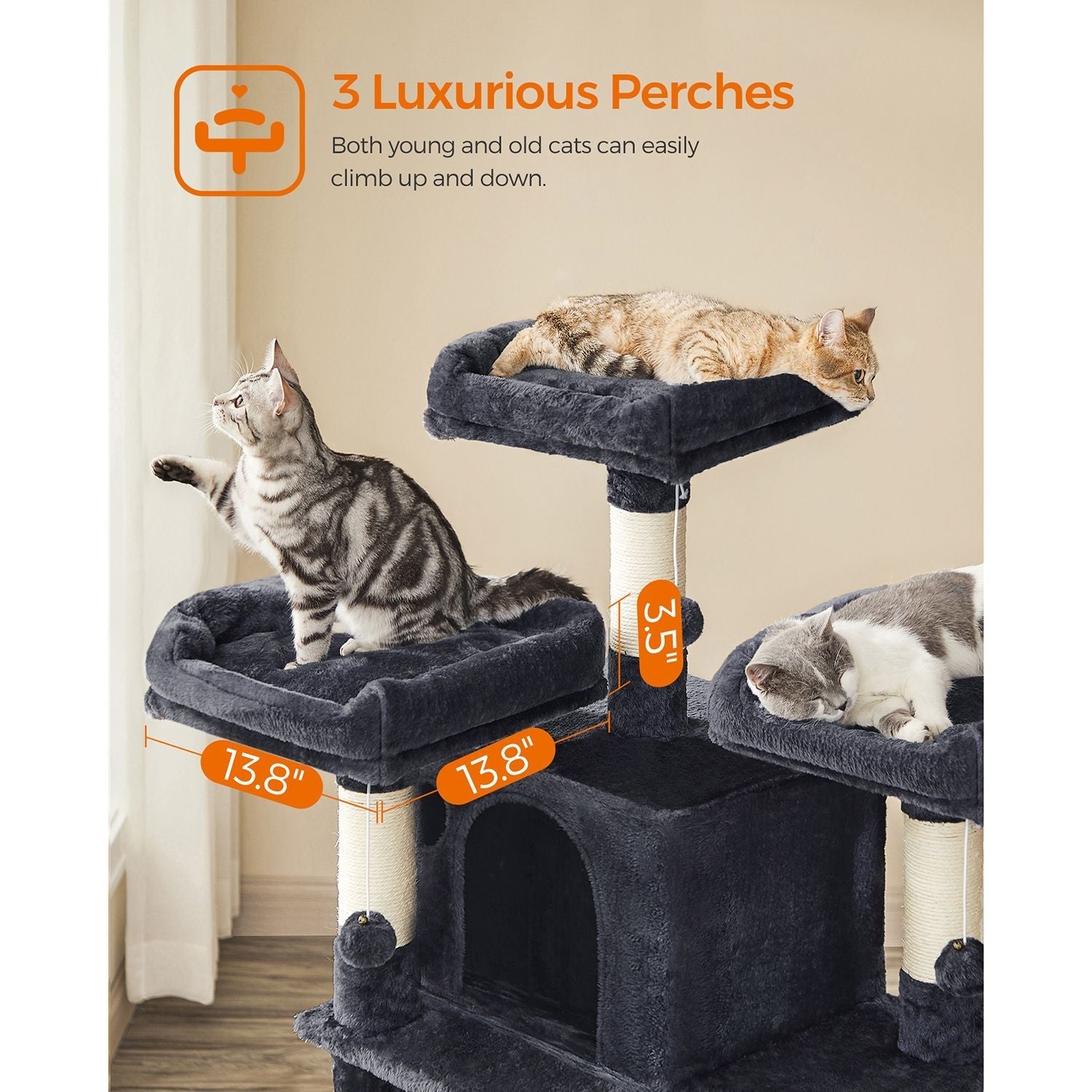 Scratching post XXL - 3 platforms and 2 caves - 172 cm - flue gray