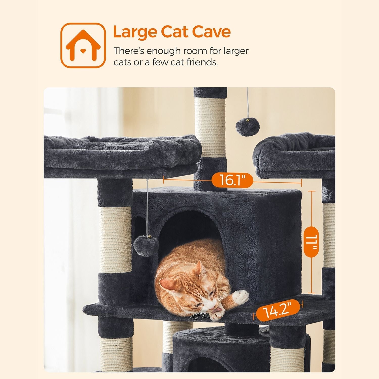 Scratching post XXL - 3 platforms and 2 caves - 172 cm - flue gray