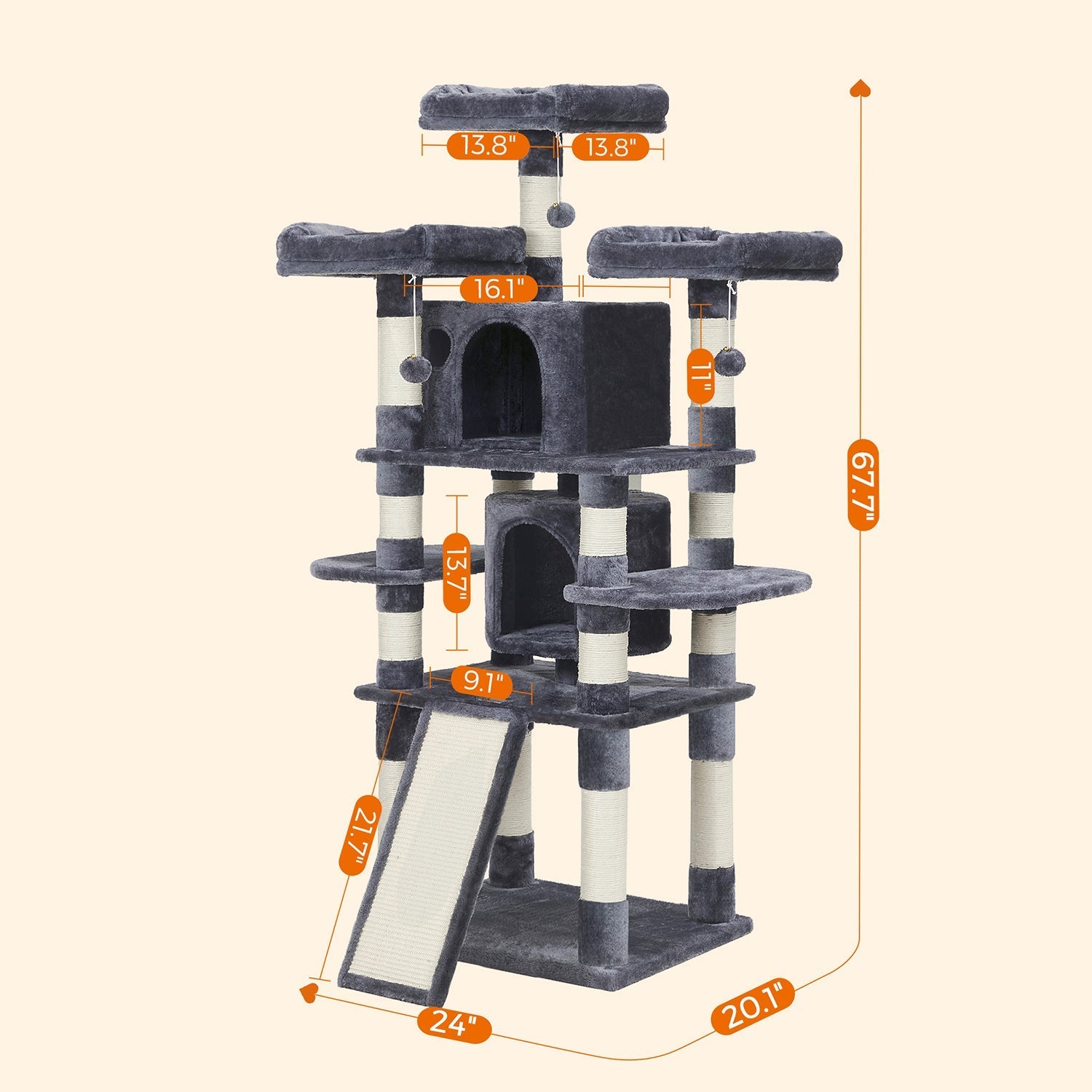 Scratching post XXL - 3 platforms and 2 caves - 172 cm - flue gray