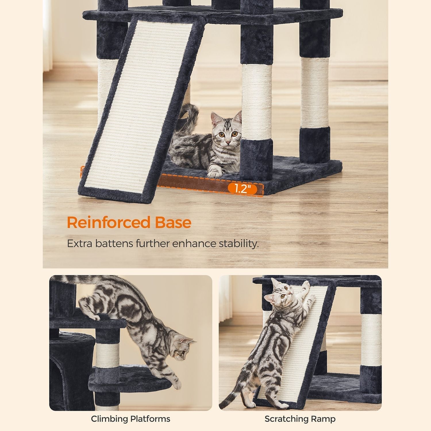 Scratching post XXL - 3 platforms and 2 caves - 172 cm - flue gray