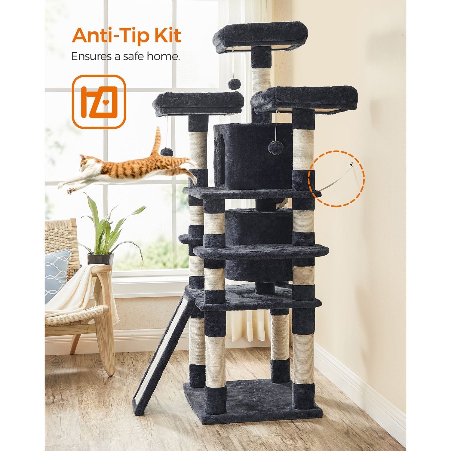 Scratching post XXL - 3 platforms and 2 caves - 172 cm - flue gray