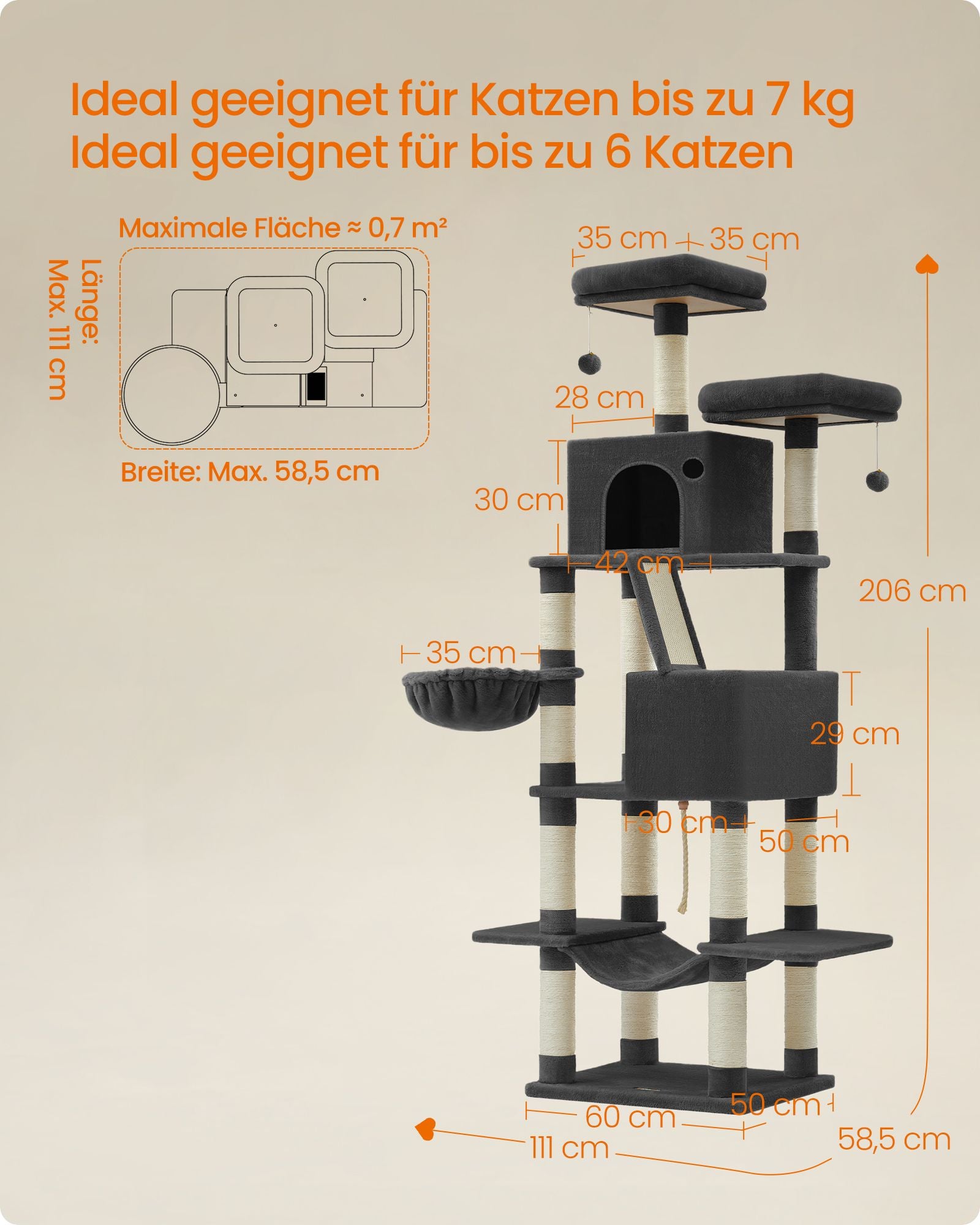 Large scratching post-206 cm high-multi-level-ink black