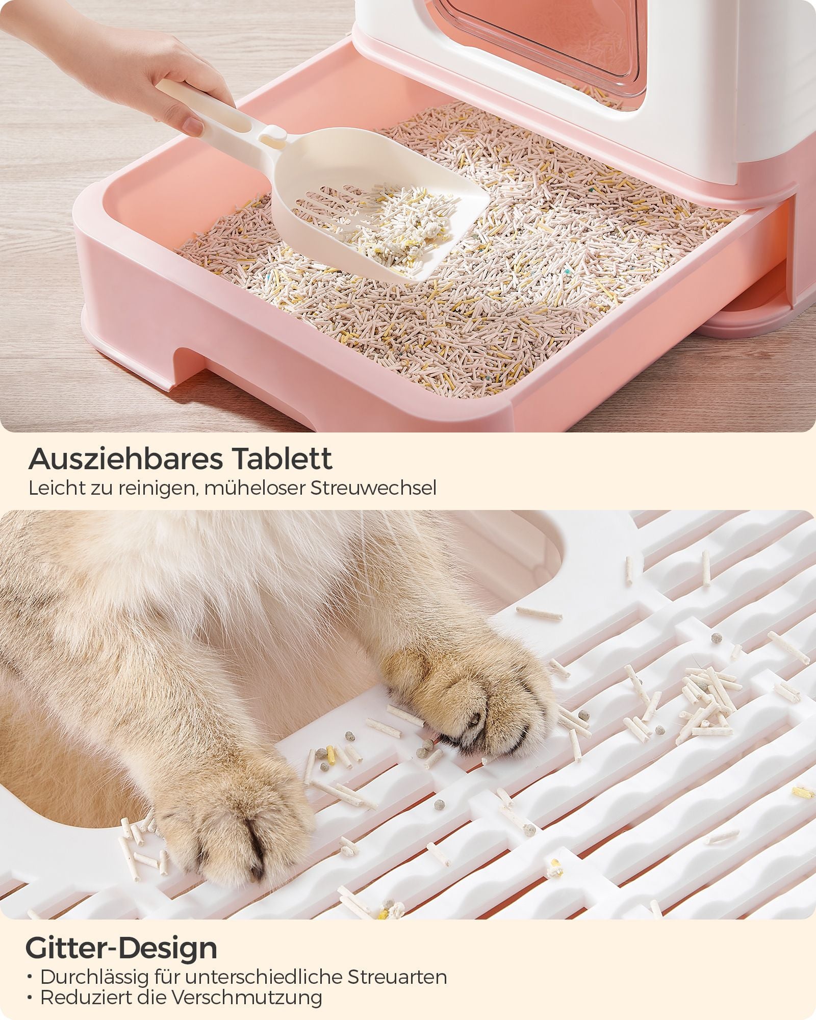 Litter box-with lid and scoop-spacious-white-pastel pink