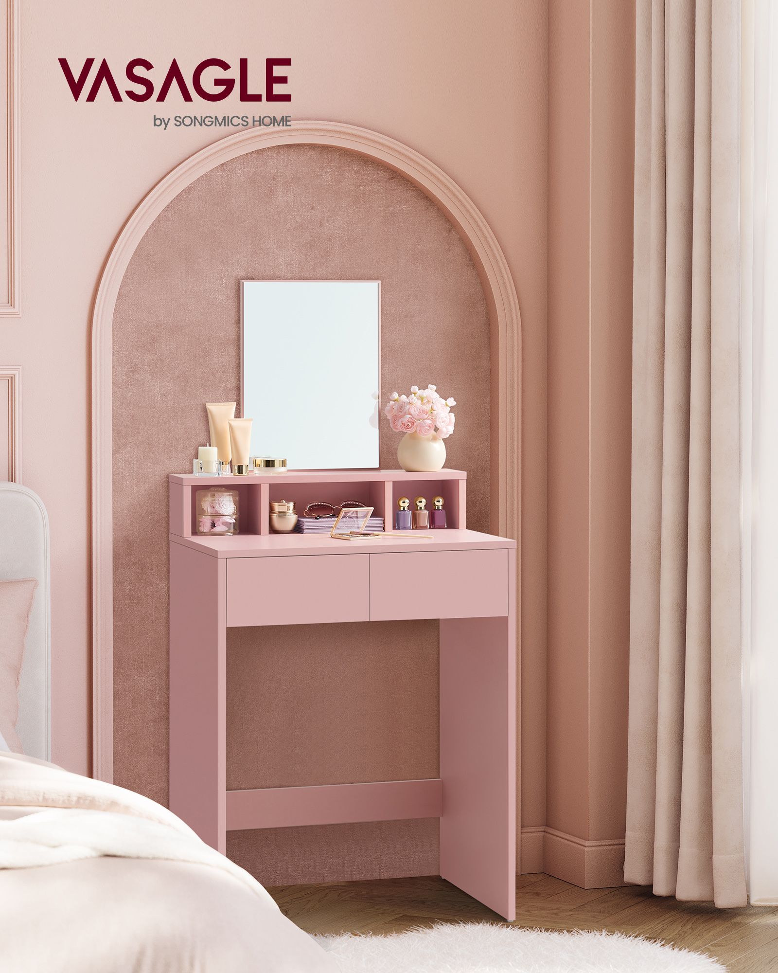 Dressing table with mirror and 2 drawers pastel pink