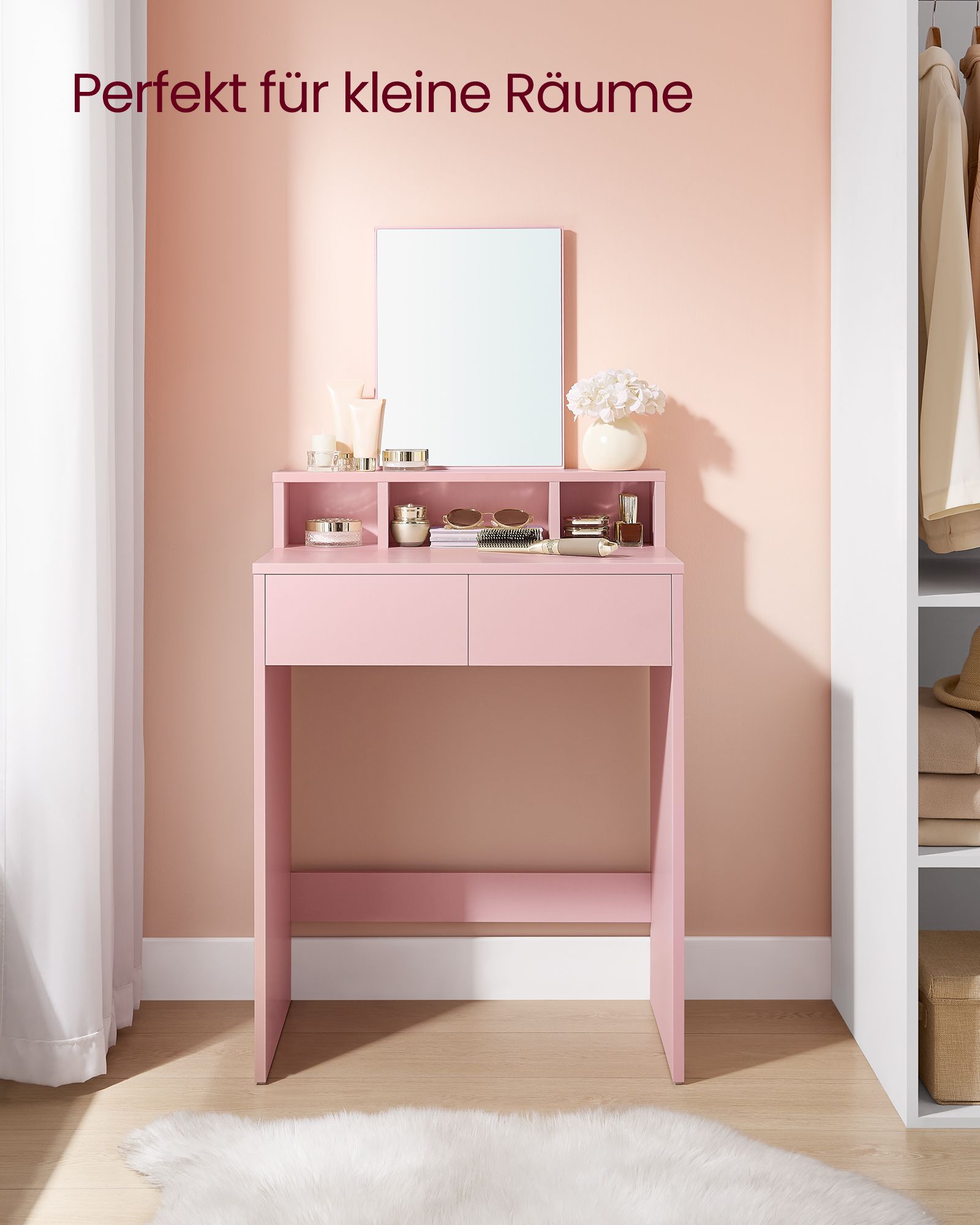 Dressing table with mirror and 2 drawers pastel pink