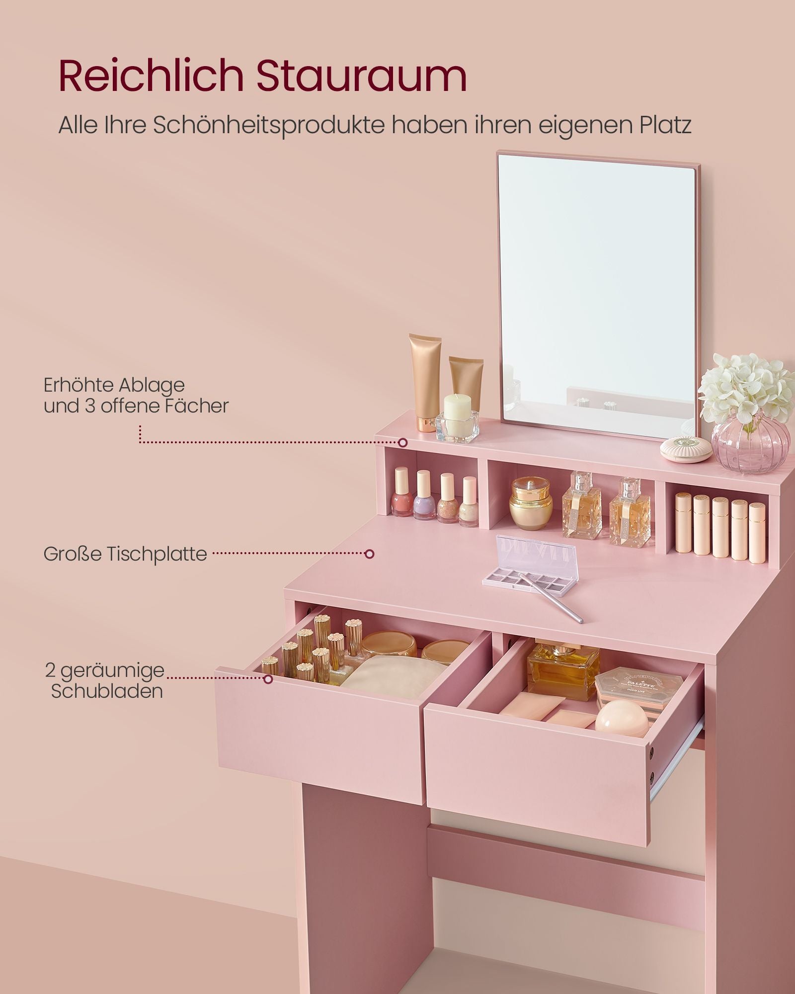 Dressing table with mirror and 2 drawers pastel pink