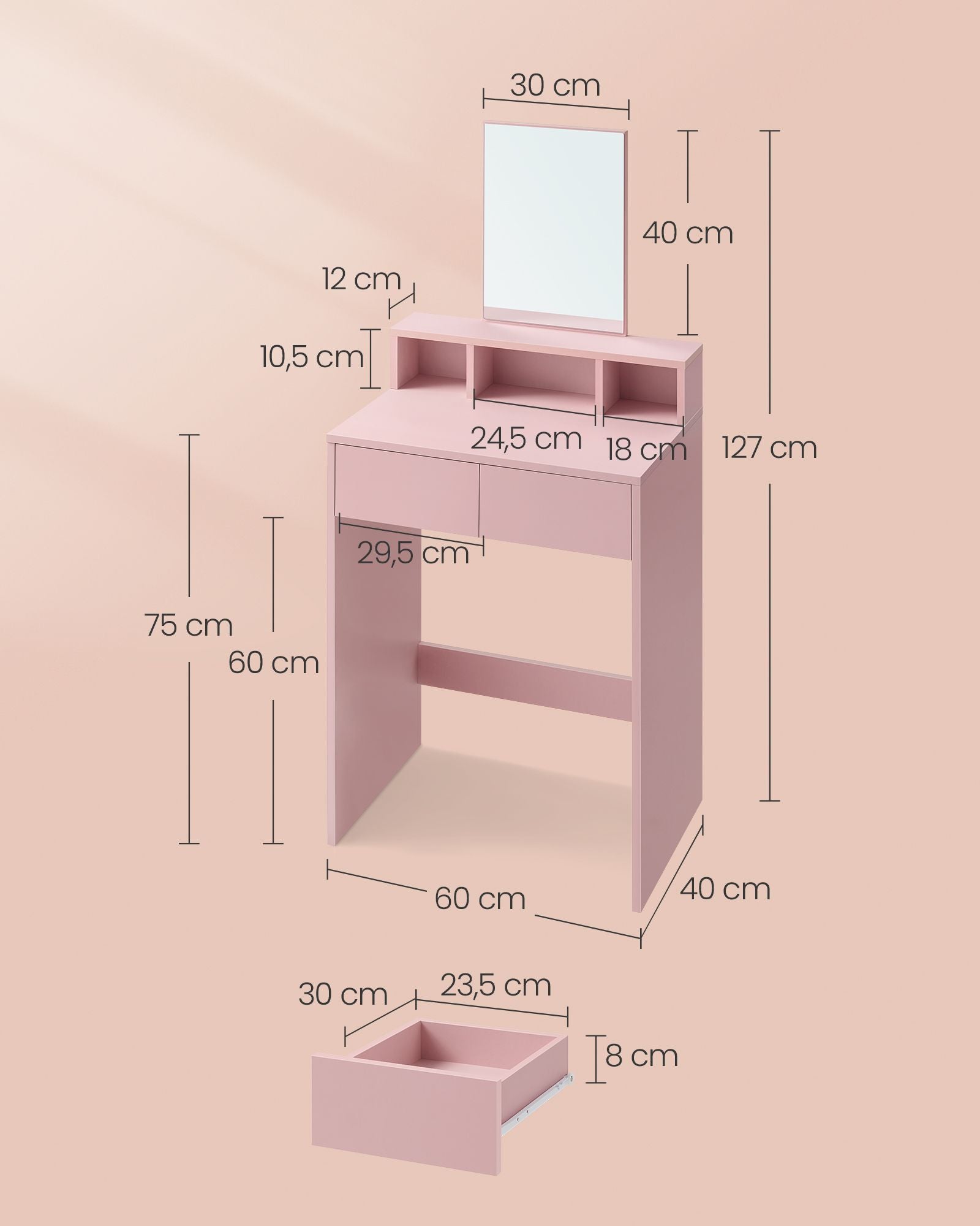 Dressing table with mirror and 2 drawers pastel pink