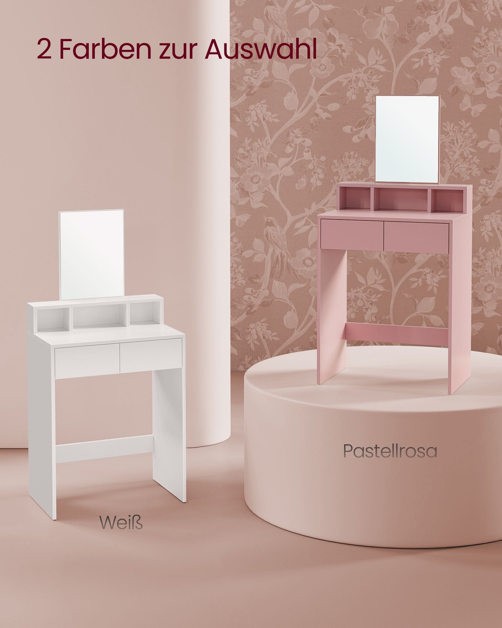 Dressing table with mirror and 2 drawers pastel pink