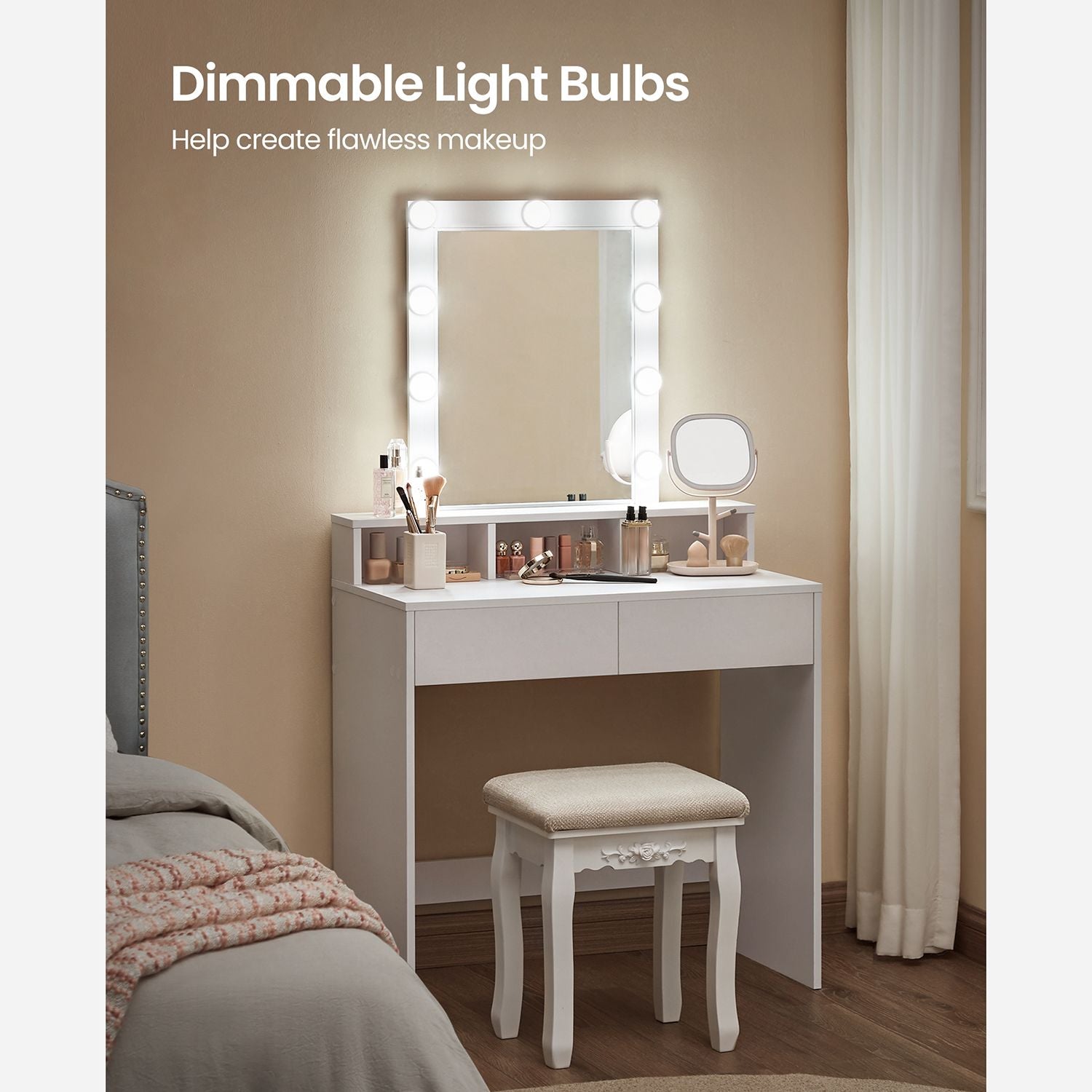 Dressing table - makeup table with mirror and dimmable light bulbs - 2 drawers - white