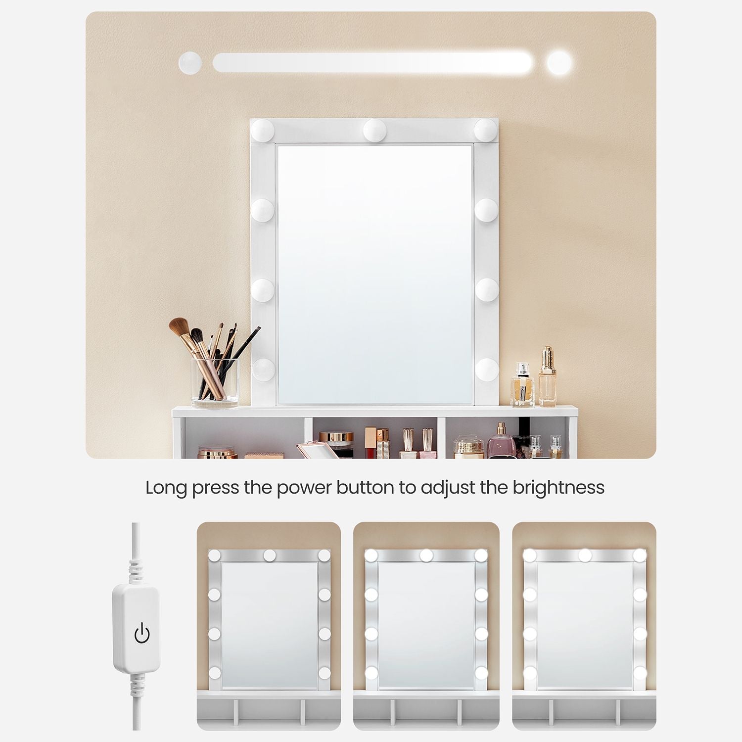 Dressing table - makeup table with mirror and dimmable light bulbs - 2 drawers - white