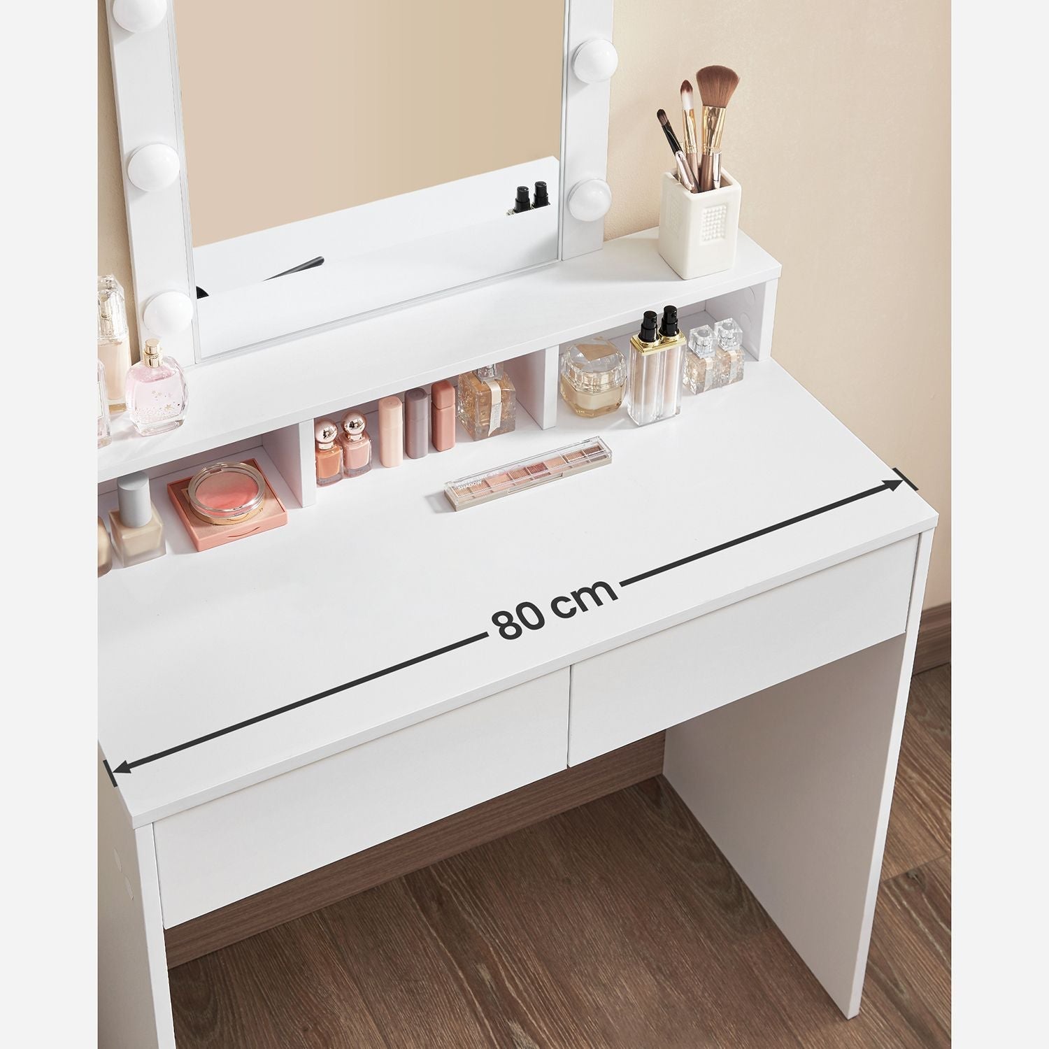 Dressing table - makeup table with mirror and dimmable light bulbs - 2 drawers - white