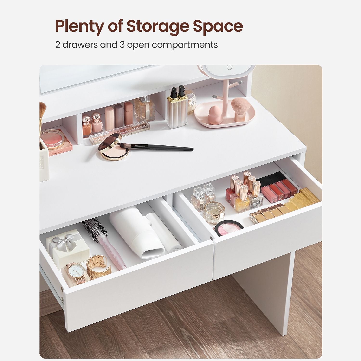 Dressing table - makeup table with mirror and dimmable light bulbs - 2 drawers - white