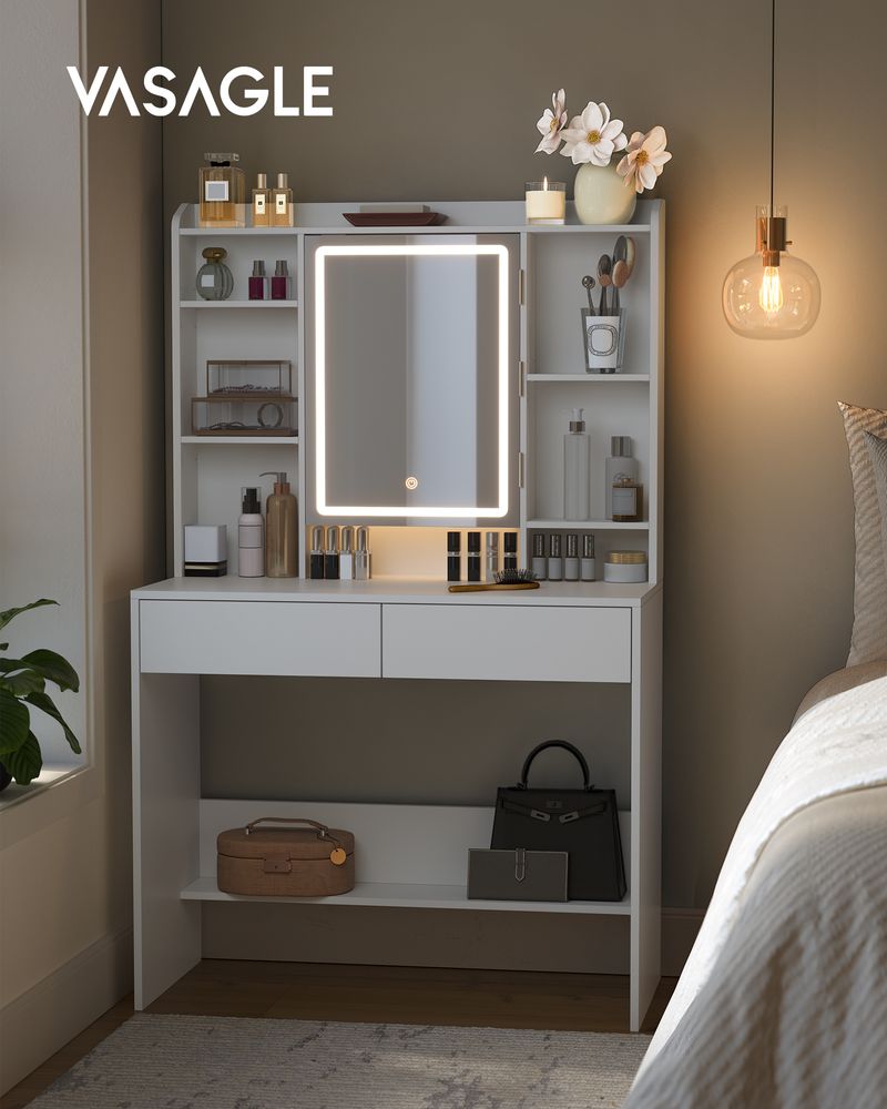 Dressing table - makeup table - with LED lighting and mirror - 2 drawers - made of wood - white