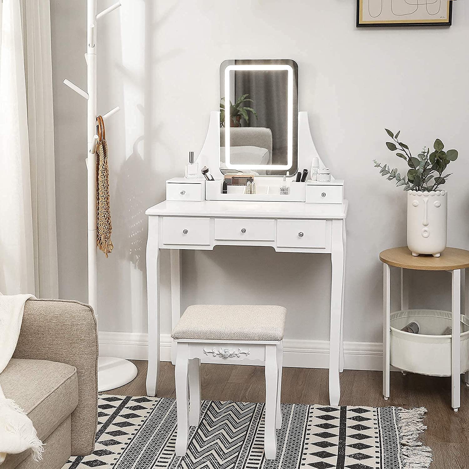 Dressing table - Make -up table - With mirror - 5 drawers - LED lighting - White