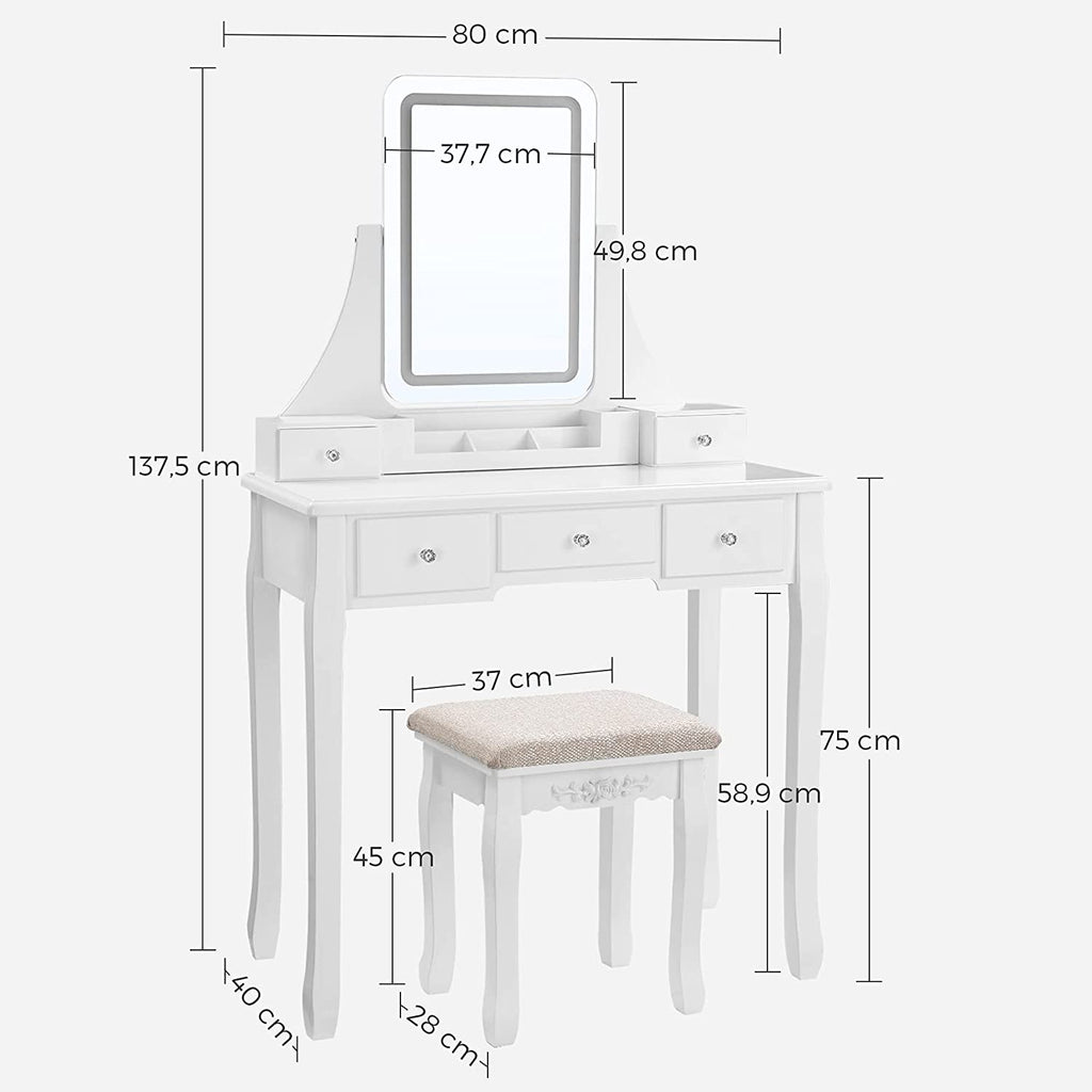 Dressing table - Make -up table - With mirror - 5 drawers - LED lighting - White