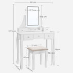 Dressing table - Make -up table - With mirror - 5 drawers - LED lighting - White