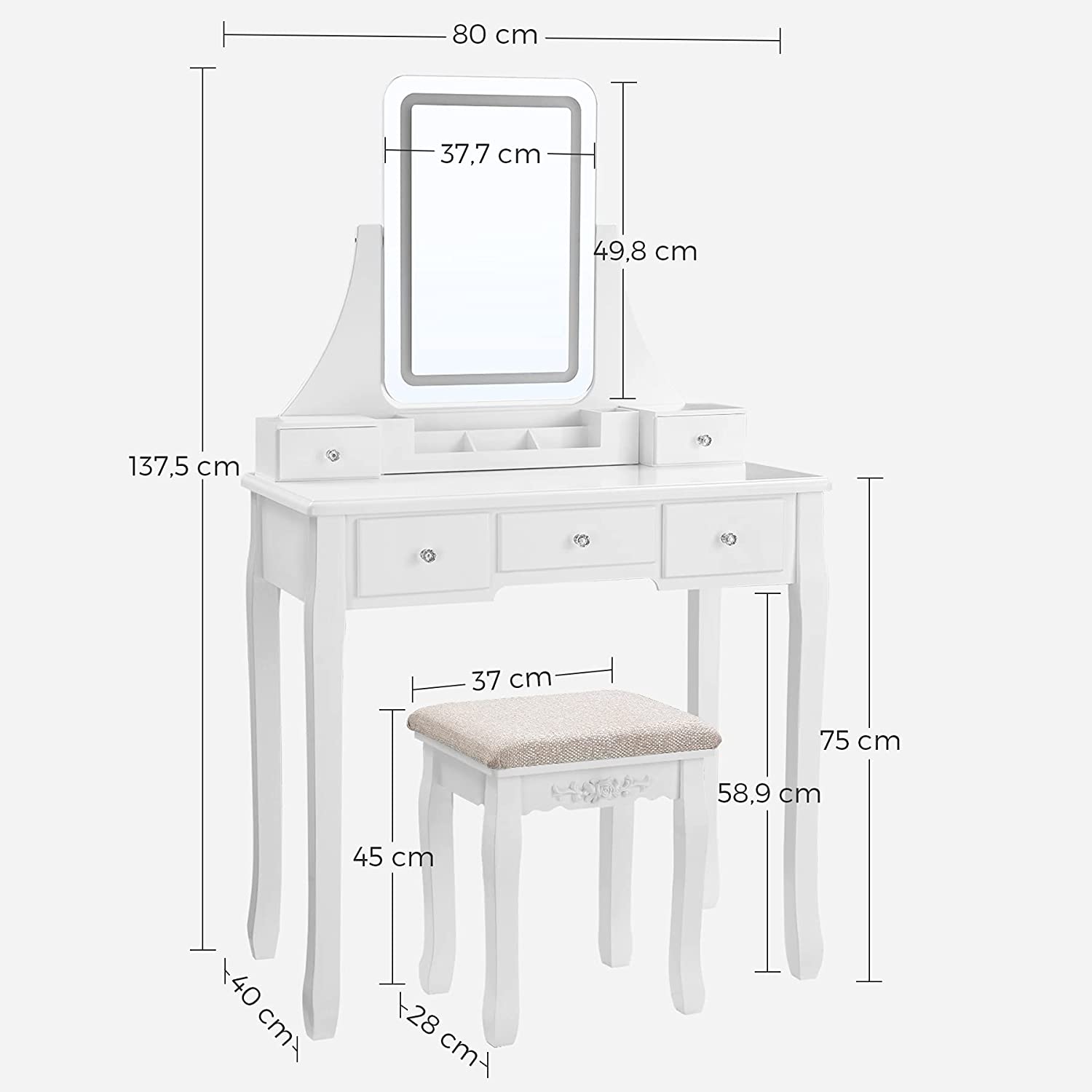 Dressing table - Make -up table - With mirror - 5 drawers - LED lighting - White